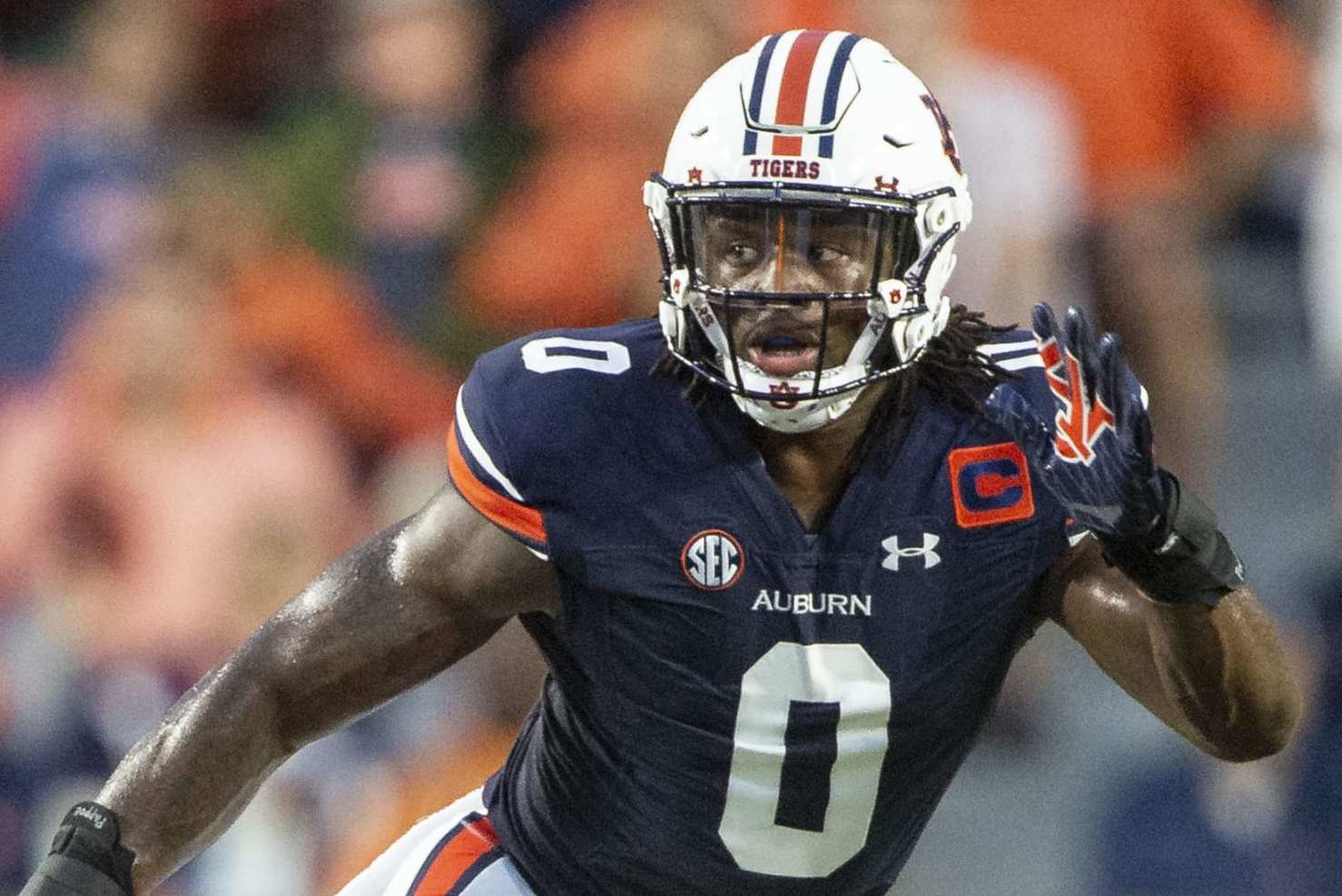 AUBURN, ALABAMA - SEPTEMBER 10: Linebacker Owen Pappoe #0 of the Auburn Tigers during their game against the San Jose State Spartans at Jordan-Hare Stadium on September 10, 2022 in Auburn, Alabama. (Photo by Michael Chang/Getty Images)
