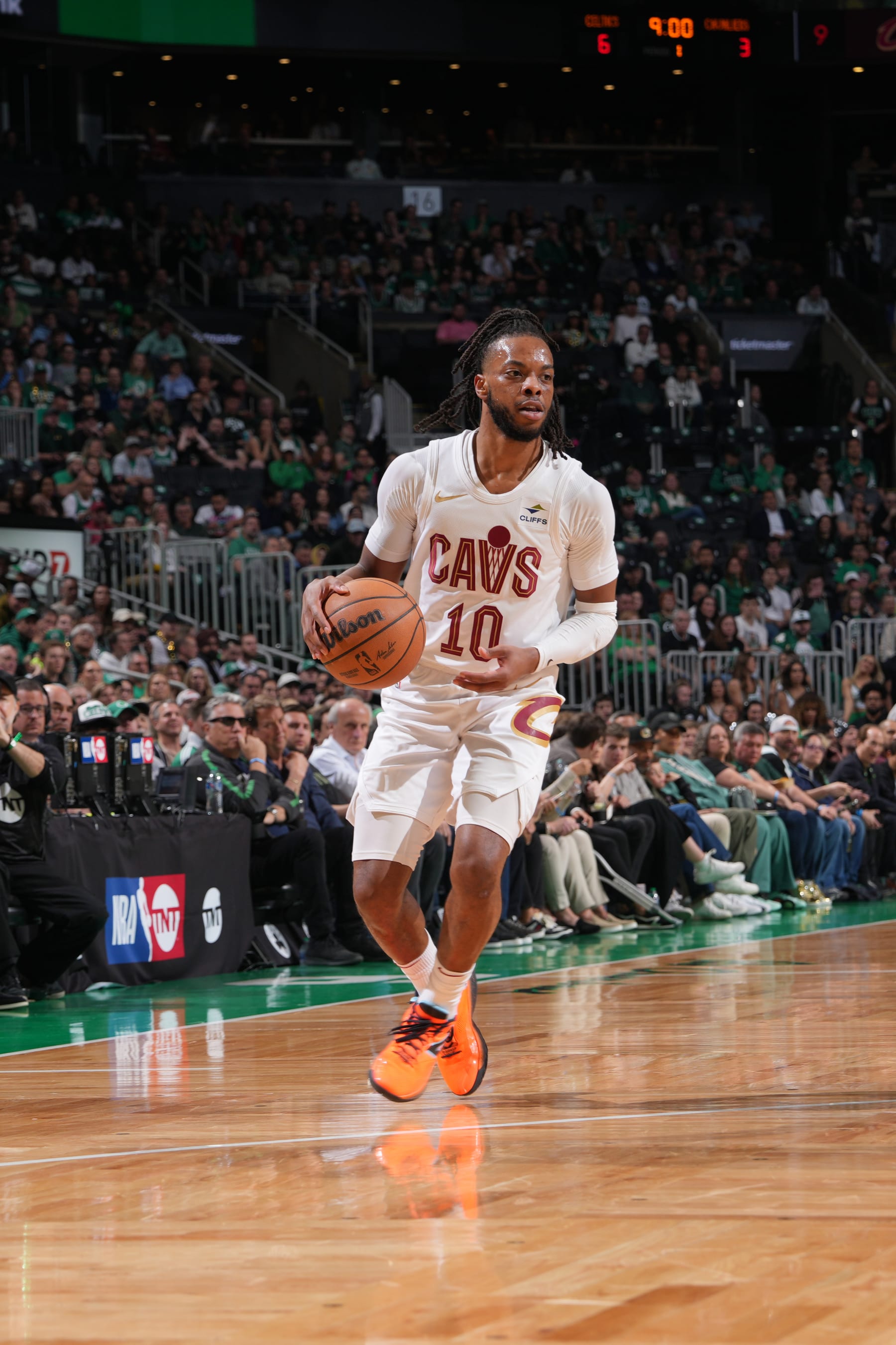 BOSTON, MA - MAY 15: Darius Garland #10 of the Cleveland Cavaliers dribbles the ball during the game against the Boston Celtics during Round 2 Game 5 of the 2024 NBA Playoffs on May 15, 2024 at the TD Garden in Boston, Massachusetts. NOTE TO USER: User expressly acknowledges and agrees that, by downloading and or using this photograph, User is consenting to the terms and conditions of the Getty Images License Agreement. Mandatory Copyright Notice: Copyright 2024 NBAE  (Photo by Jesse D. Garrabrant/NBAE via Getty Images)