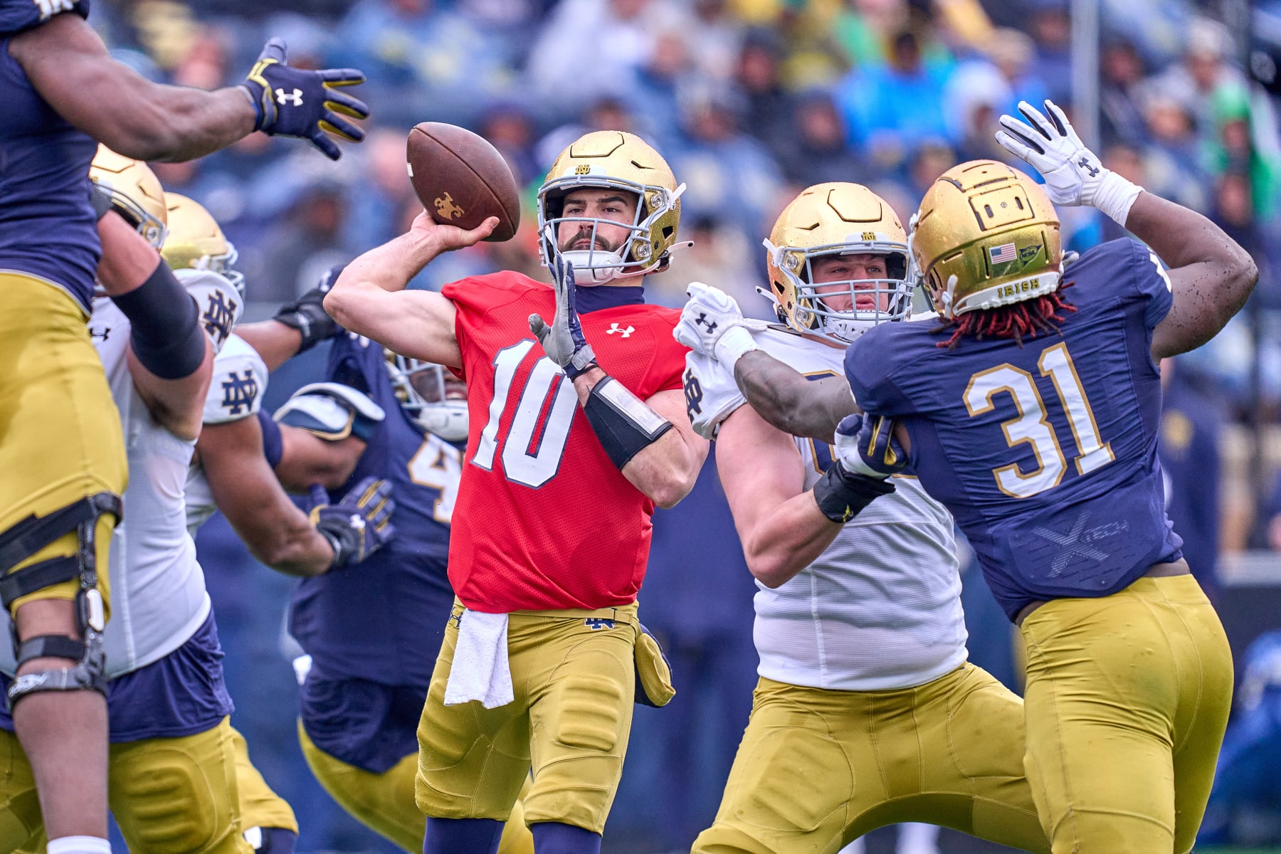 SOUTH BEND, INDIANA - APRIL 22: Notre Dame Stopping Irish quarterback Sam Hartman (10) throws the soccer through the Notre Dame Blue-Gold Spring Football Game at Notre Dame Stadium on April 22, 2023 in South Bend, Indiana. (Photo by Robin Alam/Icon Sportswire by project of Getty Pictures)