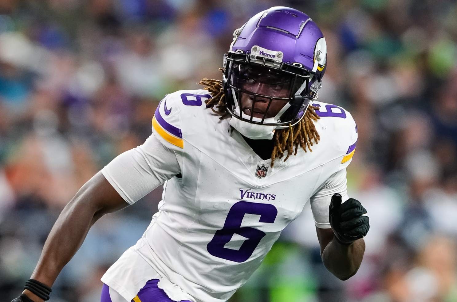 SEATTLE, WASHINGTON - AUGUST 10: Safety Lewis Cine #6 of the Minnesota Vikings runs back on defense during the third quarter of a game against the Seattle Seahawks at Lumen Field on August 10, 2023 in Seattle, Washington. (Photo by Christopher Mast/Getty Images)