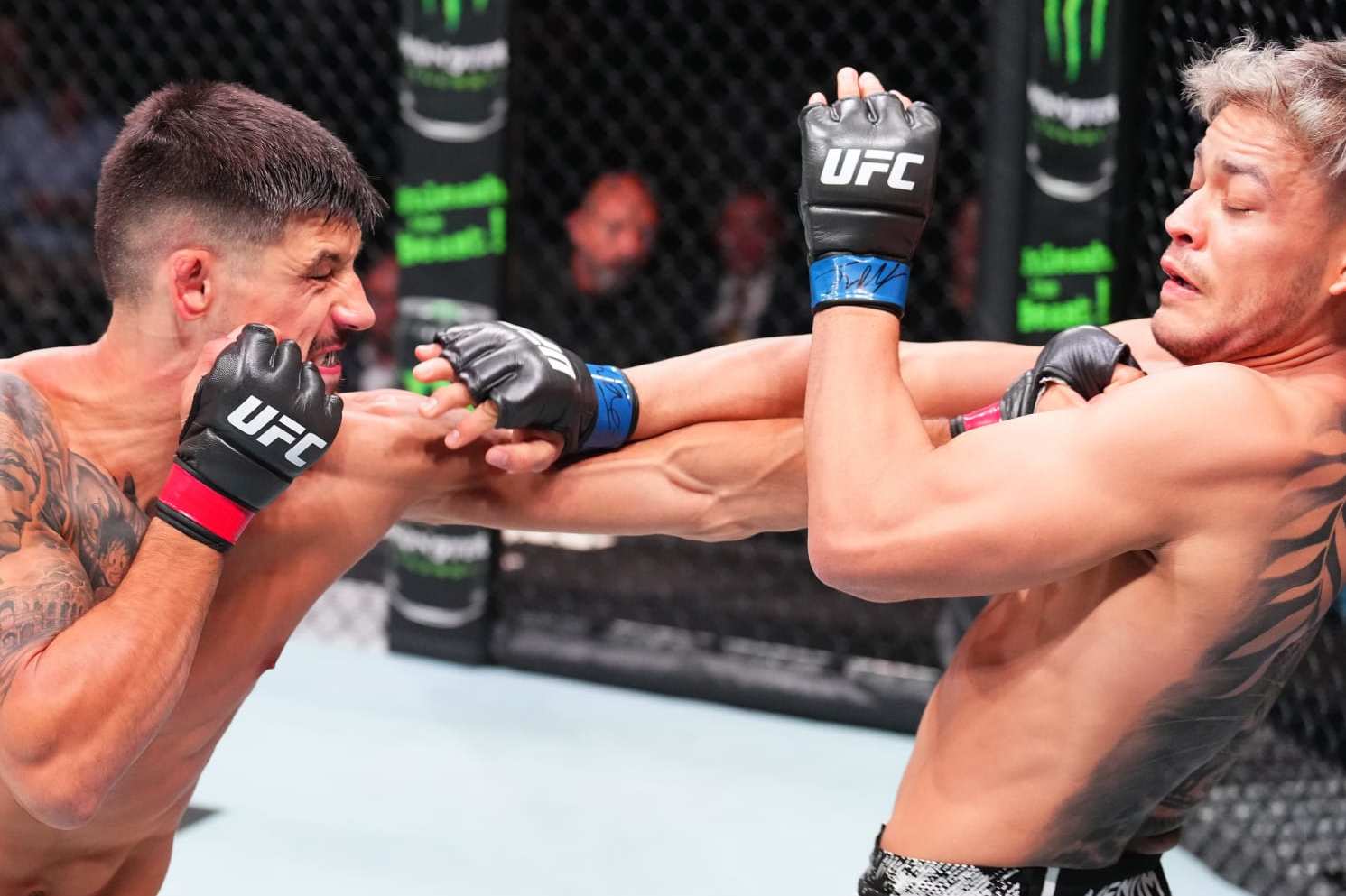 ABU DHABI, UNITED ARAB EMIRATES - AUGUST 03: (L-R) Joel Alvarez of Spain punches Elves Brener of Brazil in a lightweight fight during the UFC Fight Night event at Etihad Arena on August 03, 2024 in Abu Dhabi, United Arab Emirates. (Photo by Josh Hedges/Zuffa LLC via Getty Images)