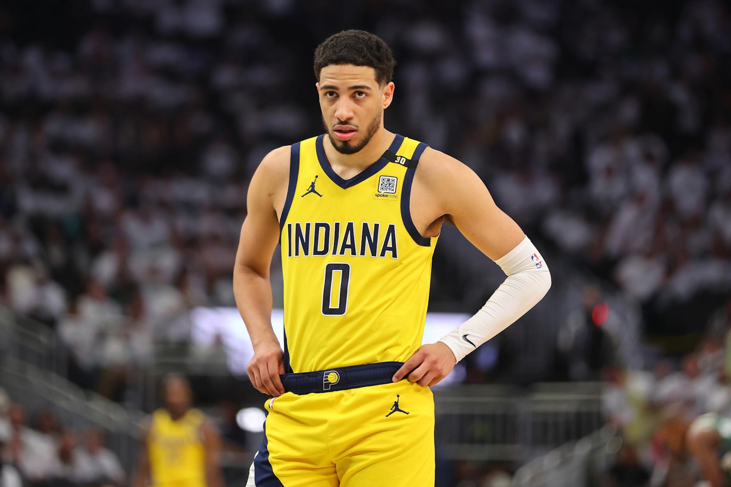 MILWAUKEE, WISCONSIN - APRIL 23: Tyrese Haliburton #0 of the Indiana Pacers walks backcourt during game two of the Eastern Conference First Round Playoffs against the Milwaukee Bucks at Fiserv Forum on April 23, 2024 in Milwaukee, Wisconsin. NOTE TO USER: User expressly acknowledges and agrees that, by downloading and or using this photograph, User is consenting to the terms and conditions of the Getty Images License Agreement. (Photo by Stacy Revere/Getty Images) MILWAUKEE, WISCONSIN - APRIL 23: Tyrese Haliburton #0 of the Indiana Pacers walks backcourt during game two of the Eastern Conference First Round Playoffs against the Milwaukee Bucks at Fiserv Forum on April 23, 2024 in Milwaukee, Wisconsin. NOTE TO USER: User expressly acknowledges and agrees that, by downloading and or using this photograph, User is consenting to the terms and conditions of the Getty Images License Agreement. (Photo by Stacy Revere/Getty Images)
