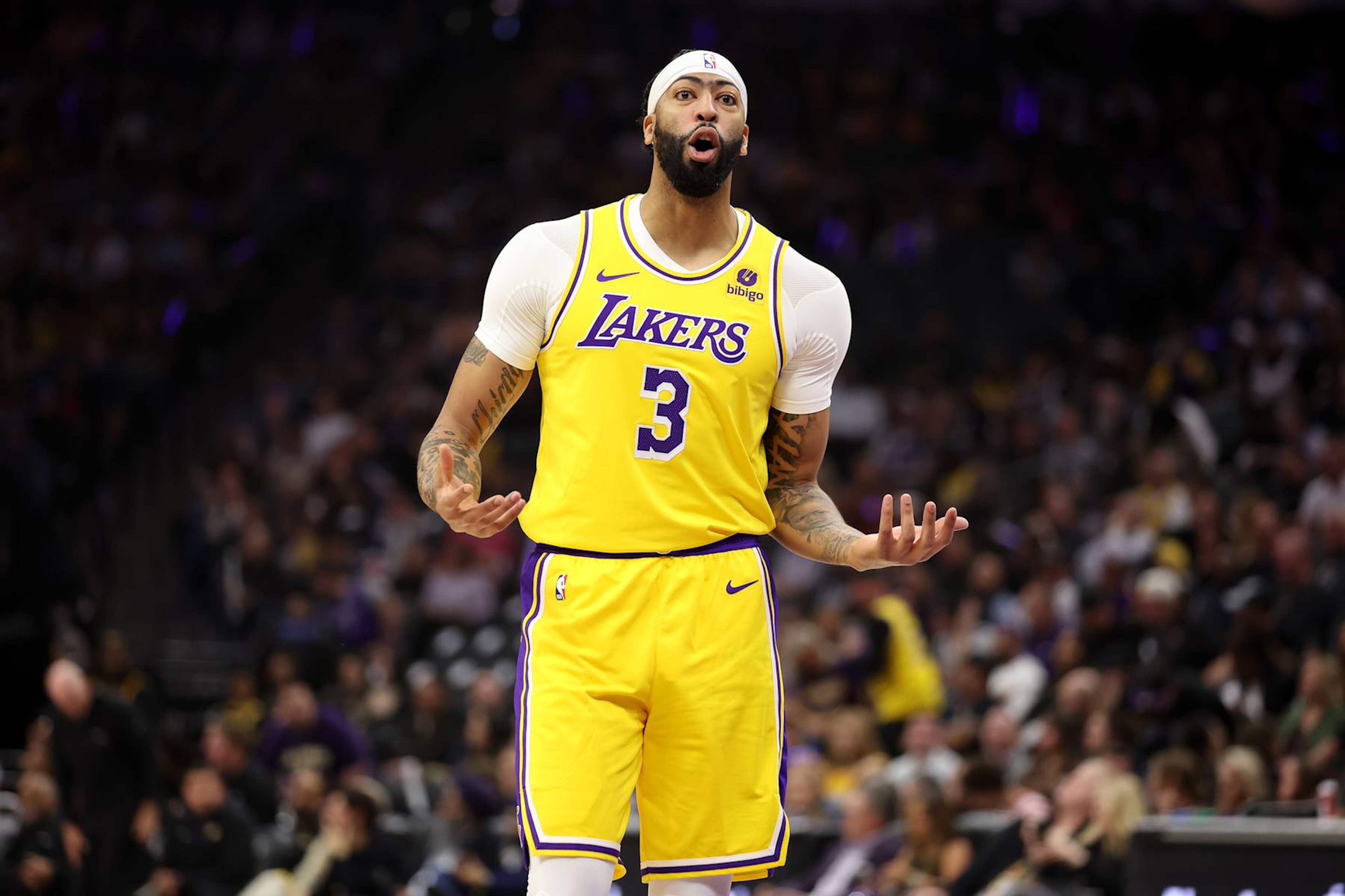 SACRAMENTO, CALIFORNIA - MARCH 13: Anthony Davis #3 of the Los Angeles Lakers complains about a call during their game against the Sacramento Kings at Golden 1 Center on March 13, 2024 in Sacramento, California. NOTE TO USER: User expressly acknowledges and agrees that, by downloading and or using this photograph, User is consenting to the terms and conditions of the Getty Images License Agreement.  (Photo by Ezra Shaw/Getty Images)