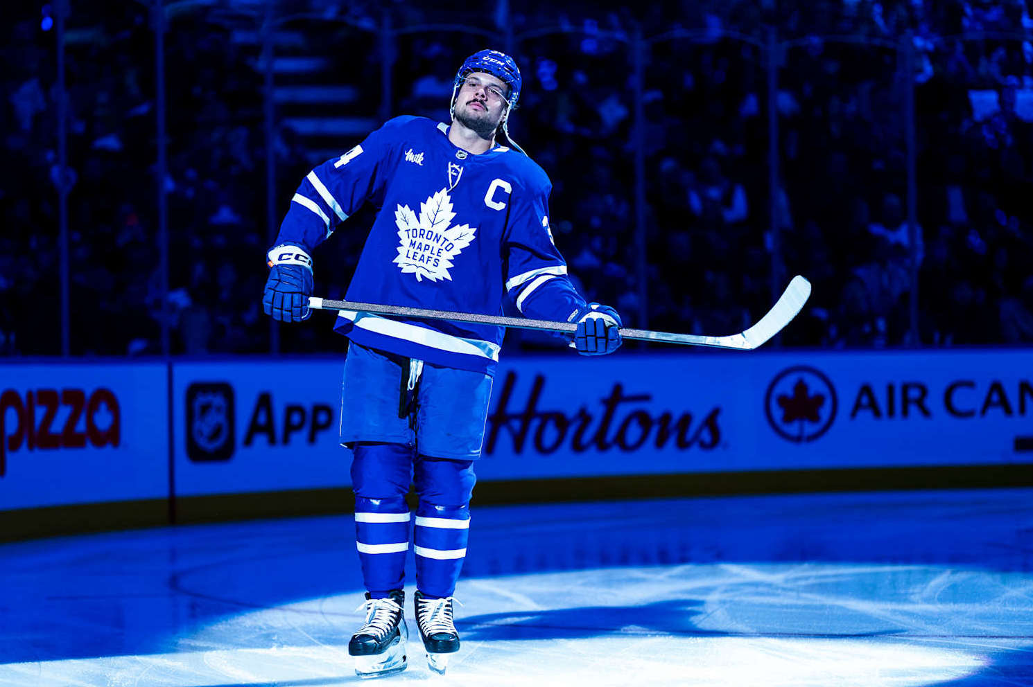 TORONTO, ON - OCTOBER 12: Auston Matthews #34 of the Toronto Maple Leafs skates during player introductions ahead of playing the Pittsburgh Penguins at the Scotiabank Arena on October 12, 2024 in Toronto, Ontario, Canada. (Photo by Mark Blinch/NHLI via Getty Images) TORONTO, ON - OCTOBER 12: Auston Matthews #34 of the Toronto Maple Leafs skates during player introductions ahead of playing the Pittsburgh Penguins at the Scotiabank Arena on October 12, 2024 in Toronto, Ontario, Canada. (Photo by Mark Blinch/NHLI via Getty Images)