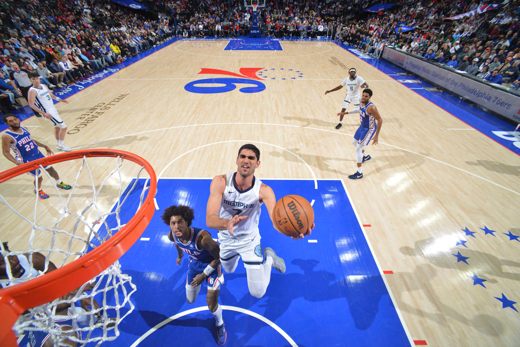 PHILADELPHIA, PA - MARCH 6:  Santi Aldama #7 of the Memphis Grizzlies drives to the basket during the game against the Philadelphia 76ers on March 6, 2024 at the Wells Fargo Center in Philadelphia, Pennsylvania NOTE TO USER: User expressly acknowledges and agrees that, by downloading and/or using this Photograph, user is consenting to the terms and conditions of the Getty Images License Agreement. Mandatory Copyright Notice: Copyright 2024 NBAE (Photo by Jesse D. Garrabrant/NBAE via Getty Images)