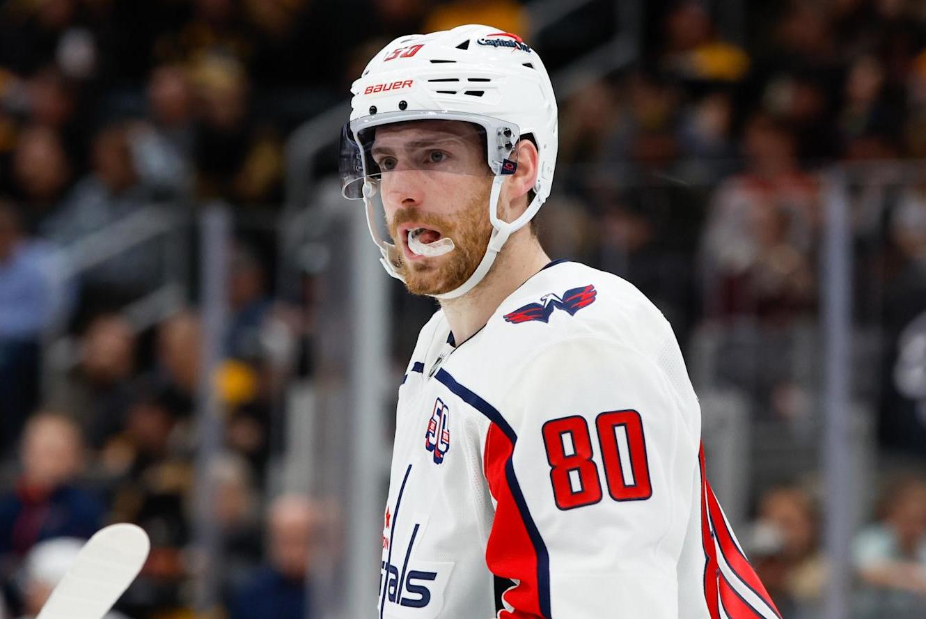 BOSTON, MASSACHUSETTS - SEPTEMBER 24: Pierre-Luc Dubois #80 of the Washington Capitals skates against the Boston Bruins during the third period of a preseason game at the TD Garden on September 24, 2024 in Boston, Massachusetts. The Bruins won 4-2. (Photo by Richard T Gagnon/Getty Images)