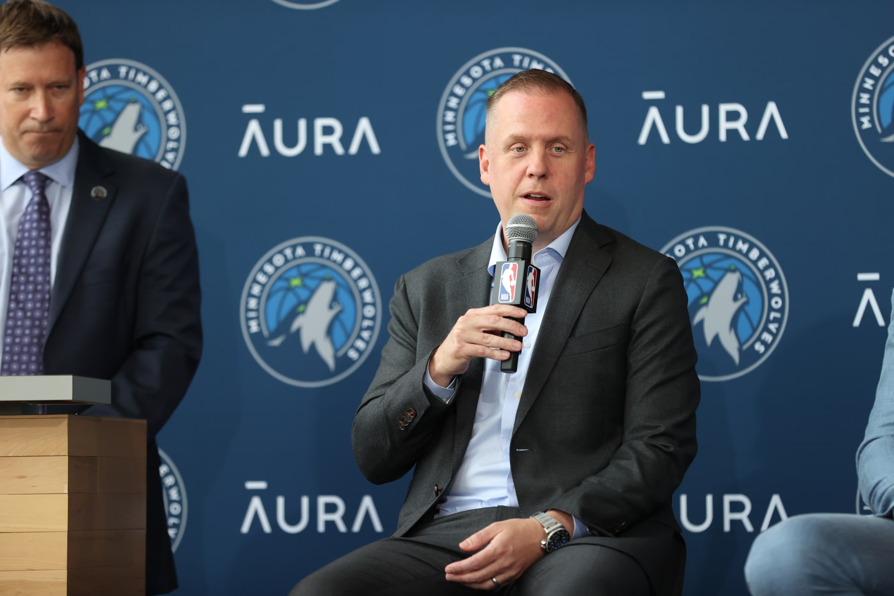 MINNEAPOLIS, MN - JULY 6: President of Basketball Operations Tim Connelly talks to the media during the introductory draft press conference on July 6, 2022 at Target Center in Minneapolis, Minnesota.  NOTE TO USER: User expressly acknowledges and agrees that, by downloading and or using this Photograph, user is consenting to the terms and conditions of the Getty Images License Agreement. Mandatory Copyright Notice: Copyright 2022 NBAE (Photo by David Sherman/NBAE via Getty Images)