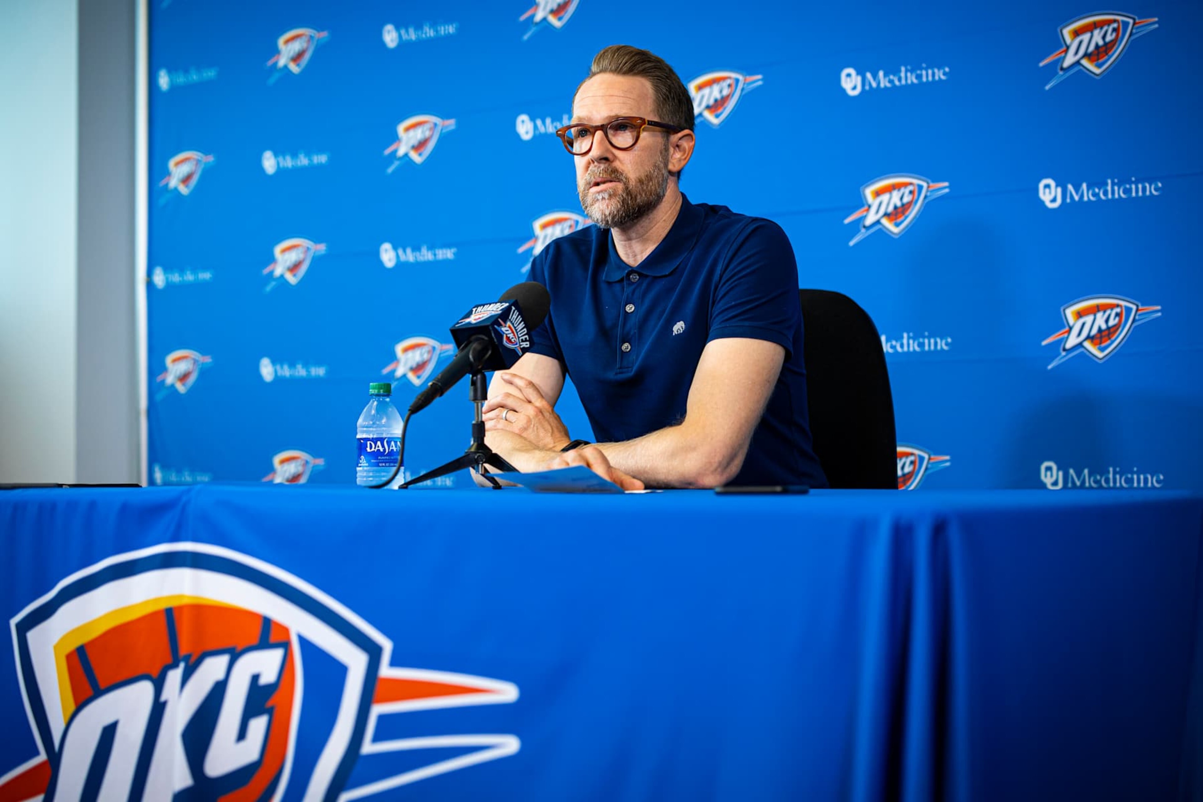 OKLAHOMA CITY, OK - SEPTEMBER 26: Oklahoma City Thunder General Manager Sam Presti speaks to media at preseason media availability at the Thunder ION on September 26, 2019 in Oklahoma City, OKlahoma. NOTE TO USER: User expressly acknowledges and agrees that, by downloading and or using this photograph, User is consenting to the terms and conditions of the Getty Images License Agreement. Mandatory Copyright Notice: Copyright 2019 NBAE (Photo by Zach Beeker/NBAE via Getty Images)