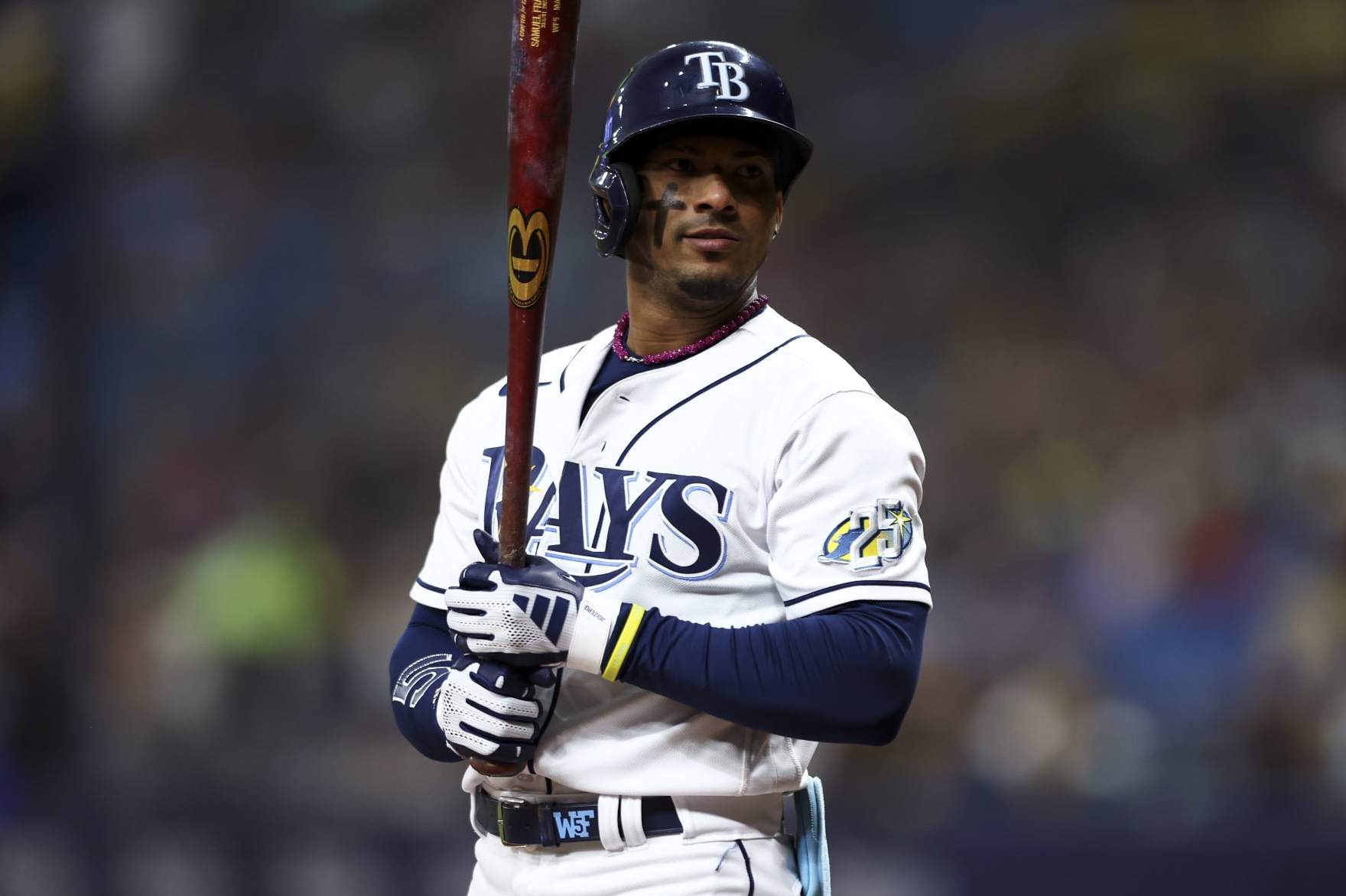 ST PETERSBURG, FL - JULY 4: Wander Franco #5 of the Tampa Bay Rays stands at the plate during a game against the Philadelphia Phillies at Tropicana Field on July 4, 2023 in St Petersburg, Florida. (Photo by Kevin Sabitus/Getty Images)