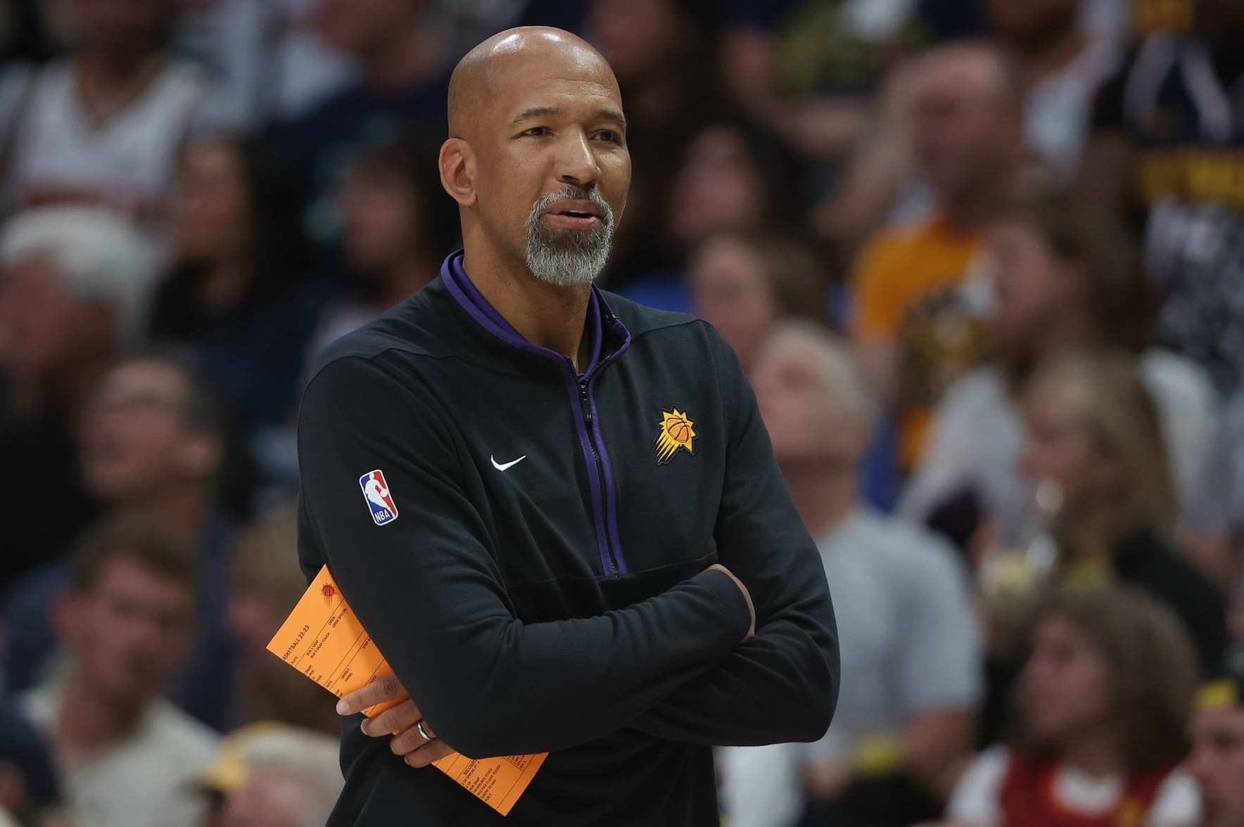 DENVER, COLORADO - MAY 01: Head coach Monty Williams of the Phoenix Suns watches as his team plays the Denver Nuggets in the third,quarter during Game Two of the NBA Western Conference Semifinals at Ball Arena on May 01, 2023 in Denver, Colorado. NOTE TO USER: User expressly acknowledges and agrees that, by downloading and/or using this photograph, User is consenting to the terms and conditions of the Getty Images License Agreement. (Photo by Matthew Stockman/Getty Images)