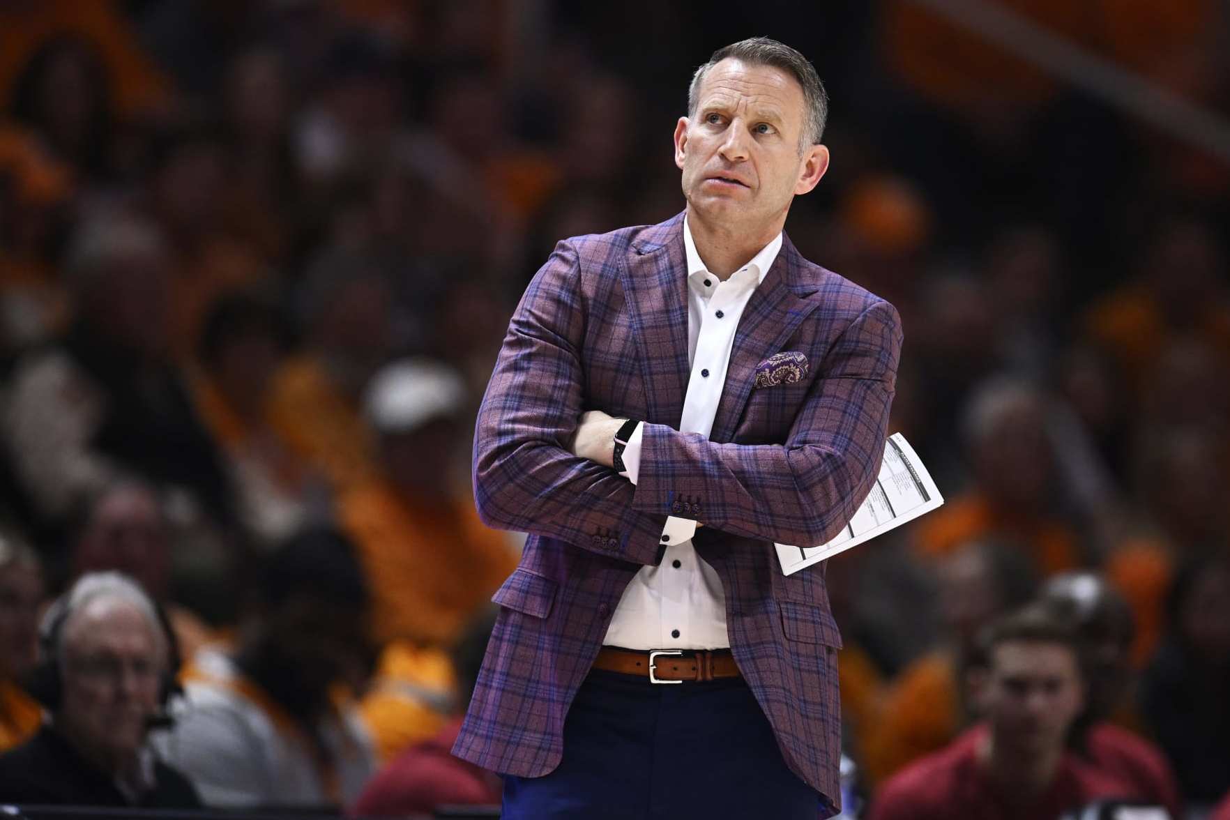 KNOXVILLE, TENNESSEE - JANUARY 20: Head coach Nate Oats of the Alabama Crimson Tide looks on against the Tennessee Volunteers in the second half at Thompson-Boling Arena on January 20, 2024 in Knoxville, Tennessee. (Photo by Eakin Howard/Getty Images)