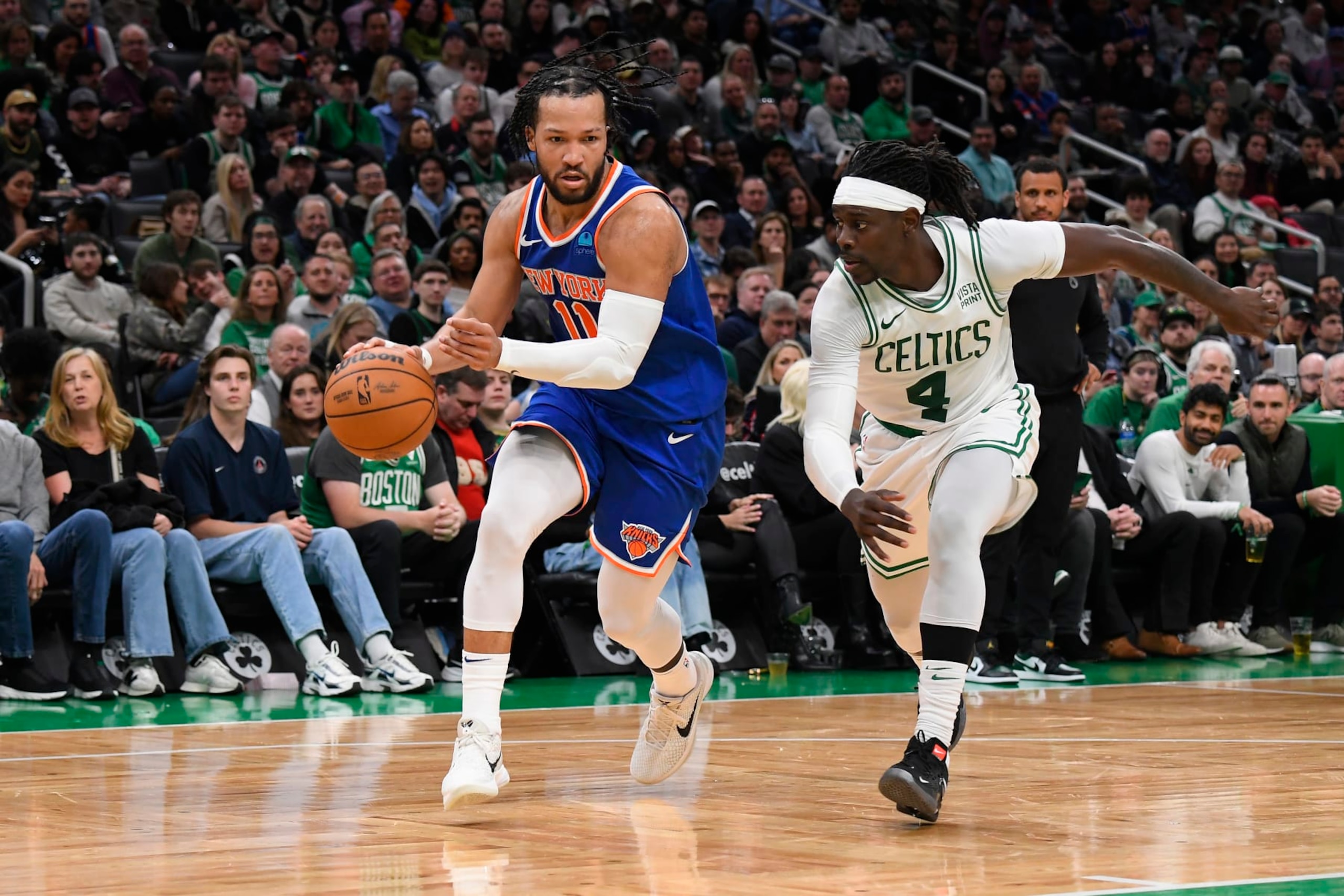 BOSTON, MA - APRIL 11: Jalen Brunson #11 of the New York Knicks dribbles the ball during the game against the Boston Celtics on April 11, 2024 at the TD Garden in Boston, Massachusetts. NOTE TO USER: User expressly acknowledges and agrees that, by downloading and or using this photograph, User is consenting to the terms and conditions of the Getty Images License Agreement. Mandatory Copyright Notice: Copyright 2024 NBAE  (Photo by Brian Babineau/NBAE via Getty Images)