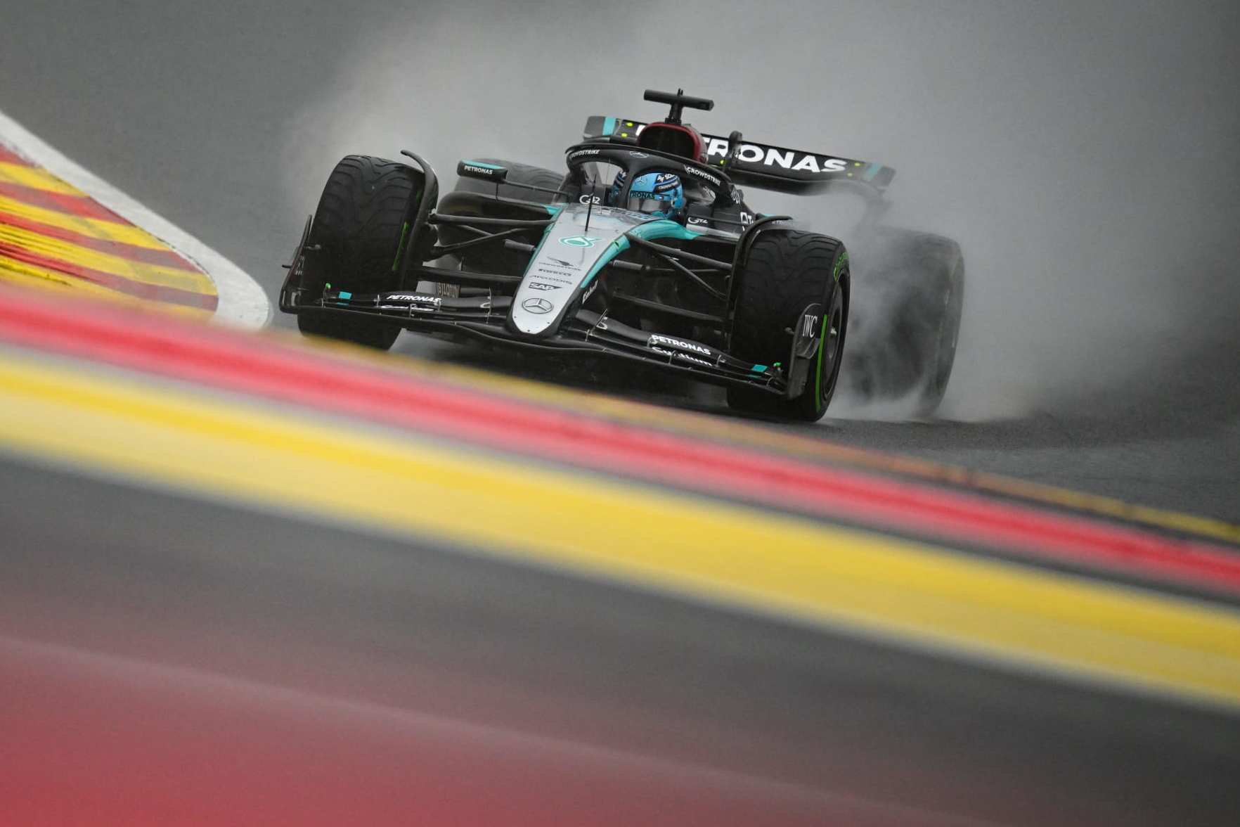 TOPSHOT - Mercedes' British driver George Russell during a practice session ahead of the F1 race during the Formula One Belgian Grand Prix at the Spa-Francorchamps Circuit in Spa on July 27, 2024. (Photo by JOHN THYS / AFP) (Photo by JOHN THYS/AFP via Getty Images)