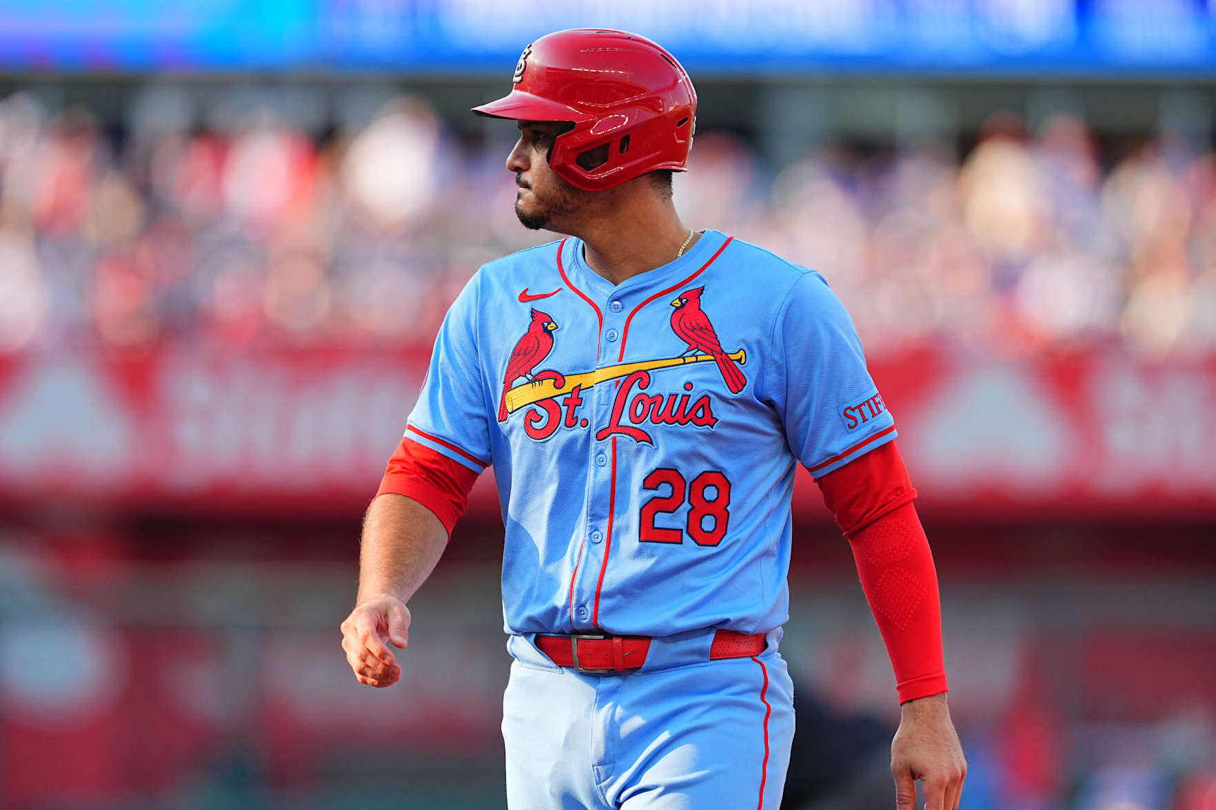 KANSAS CITY, MO - AUGUST 10: Nolan Arenado #28 of the St. Louis Cardinals looks on during the game between the St. Louis Cardinals and the Kansas City Royals at Kauffman Stadium on Saturday, August 10, 2024 in Kansas City, Missouri. (Photo by Kyle Rivas/MLB Photos via Getty Images)