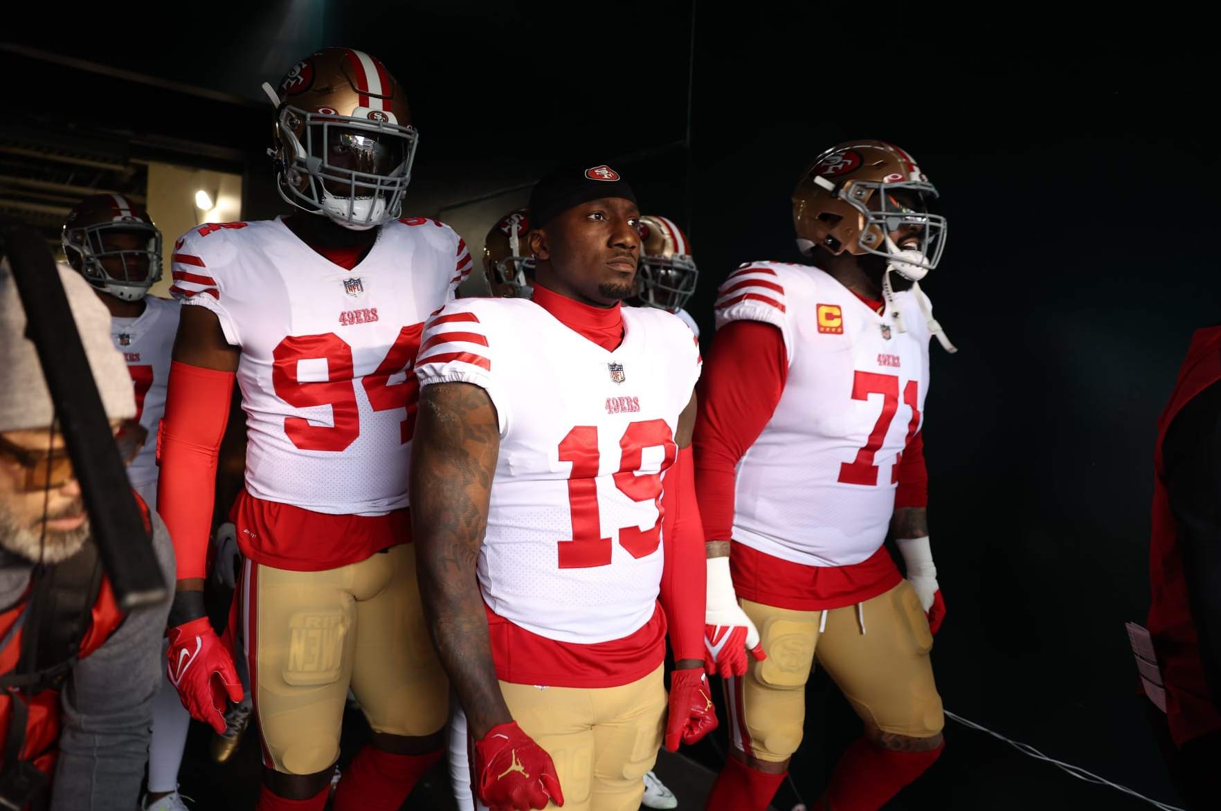 Football: NFC Championship: San Francisco 49ers Deebo Samuel (19), Charles Omenihu (94) and Trent Williams (71) in action, walk in the tunnel prior to game vs Philadelphia Eagles at Lincoln Financial Stadium. 
Philadelphia, PA 1/29/2023 
CREDIT: Simon Bruty (Photo by Simon Bruty/Sports Illustrated via Getty Images) 
(Set Number: X164295 TK1)
