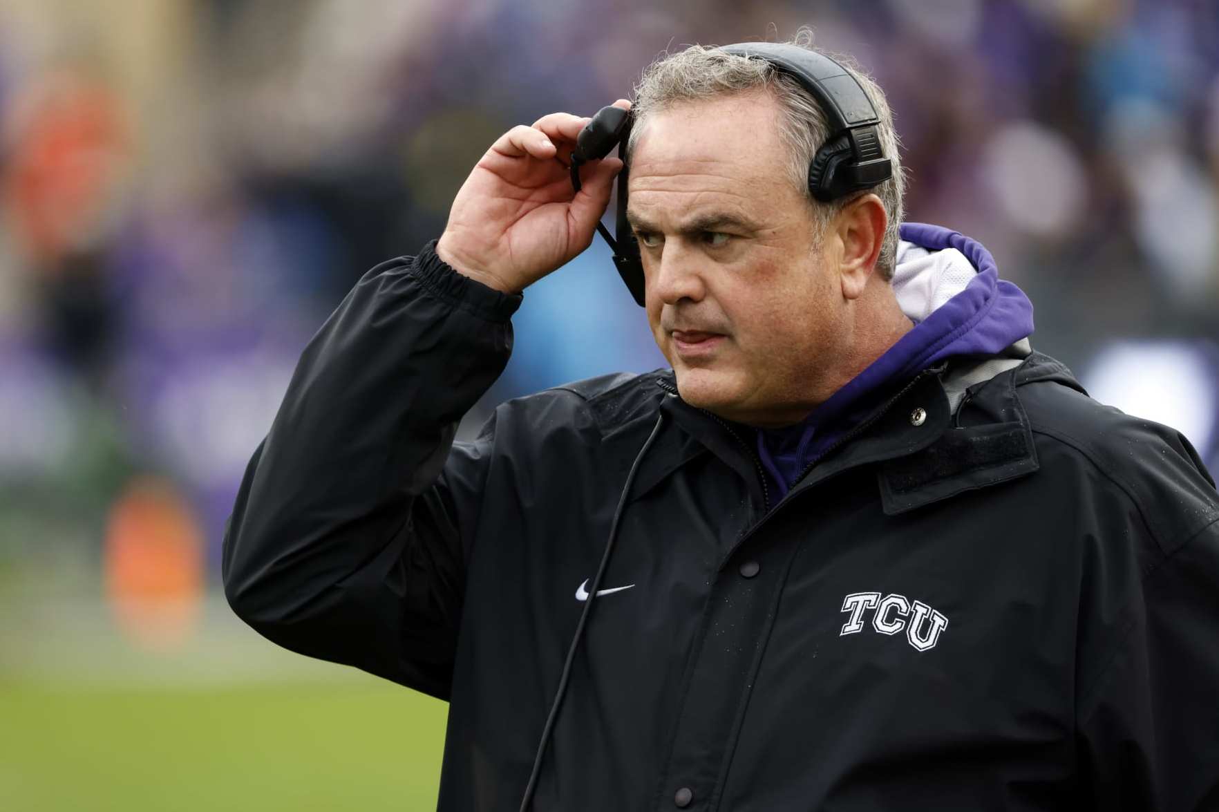 FORT WORTH, TX - NOVEMBER 26: Head coach Sonny Dykes of the TCU Horned Frogs reacts as TCU takes on the Iowa State Cyclones during the first half at Amon G. Carter Stadium on November 26, 2022 in Fort Worth, Texas. (Photo by Ron Jenkins/Getty Images)