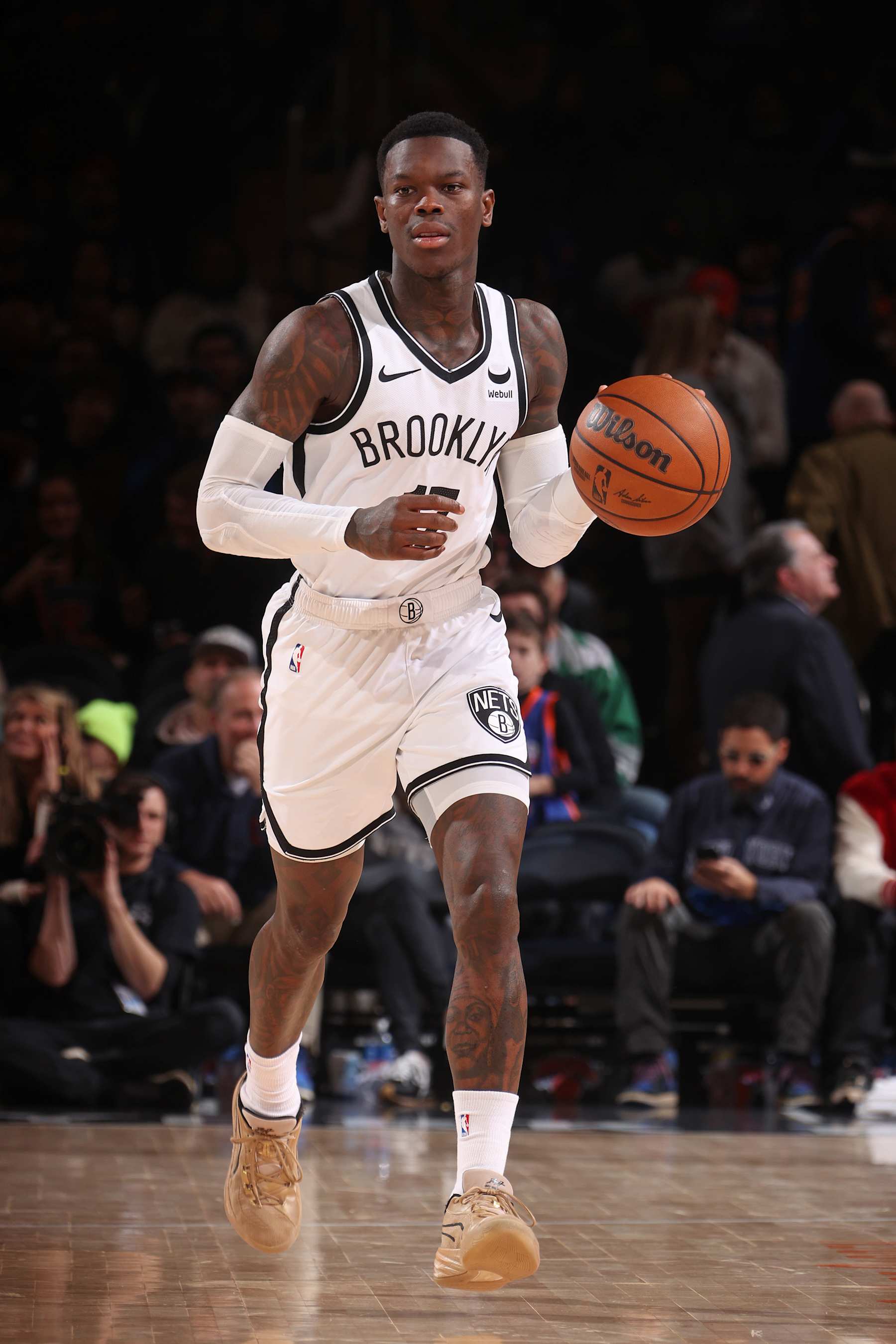 NEW YORK, NY - MARCH 23: Dennis Schroder #17 of the Brooklyn Nets brings the ball up court during the game against the New York Knicks on March 23, 2024 at Madison Square Garden in New York City, New York.  NOTE TO USER: User expressly acknowledges and agrees that, by downloading and or using this photograph, User is consenting to the terms and conditions of the Getty Images License Agreement. Mandatory Copyright Notice: Copyright 2024 NBAE  (Photo by Nathaniel S. Butler/NBAE via Getty Images)