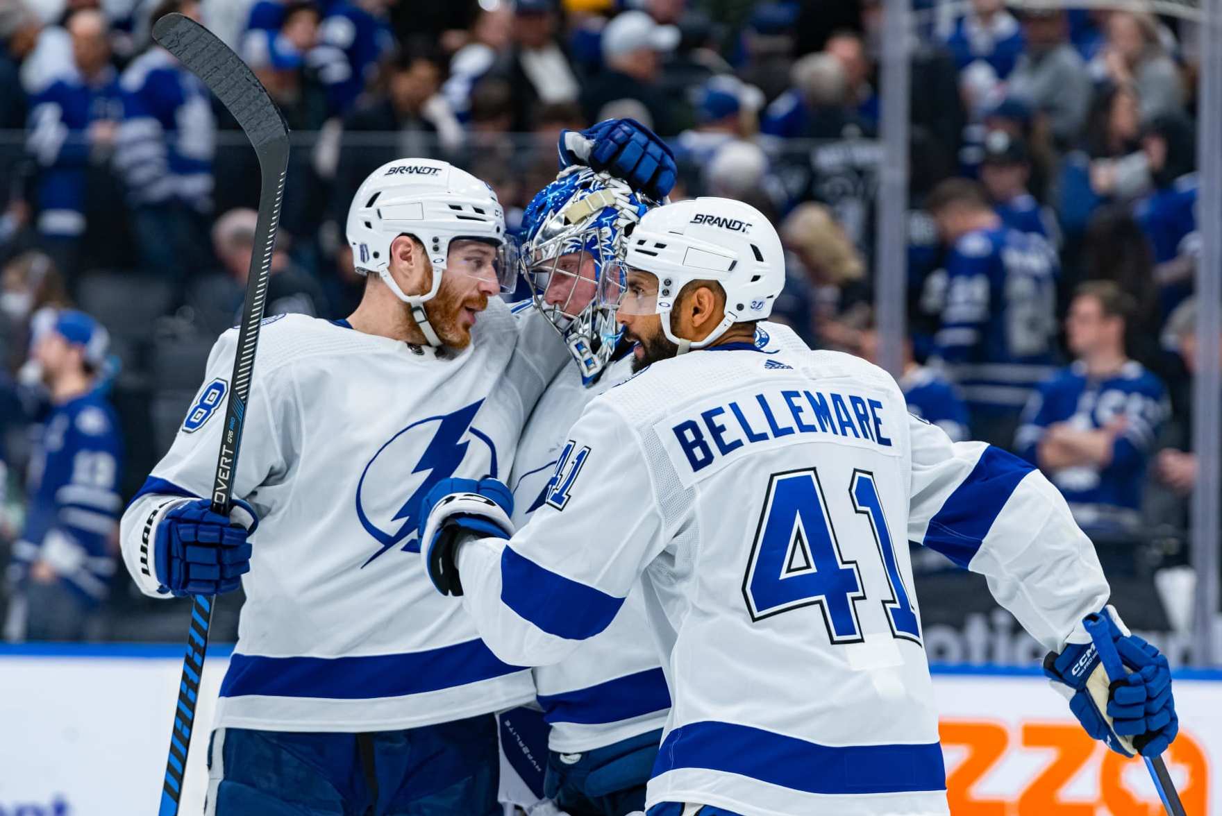 TORONTO, ON - APRIL 27: Tampa Bay Lightning Goalie Andrei Vasilevskiy (88) celebrates the win with Center Pierre-Edouard Bellemare (41) and Defenceman Ian Cole (28) after the Round 1 NHL Stanley Cup Playoffs Game 5 between the Tampa Bay Lightning and the Toronto Maple Leafs