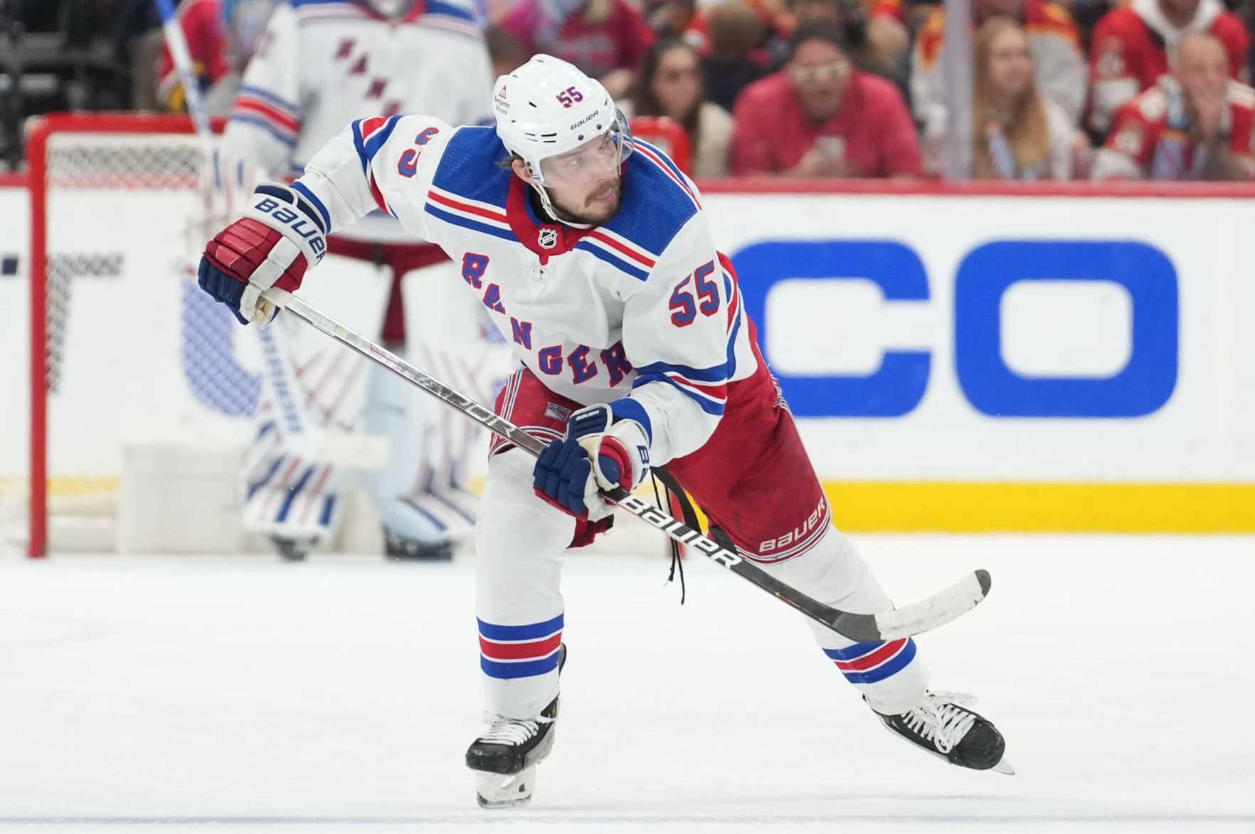 SUNRISE, FL - JUNE 01: New York Rangers defenseman Ryan Lindgren (55) races down ice in the third period during game six of the Eastern Conference Finals between the New York Ranges and the Florida Panthers on Saturday, June 1, 2024 at Amerant Bank Arena in Sunrise, Fla. (Photo by Peter Joneleit/Icon Sportswire via Getty Images)