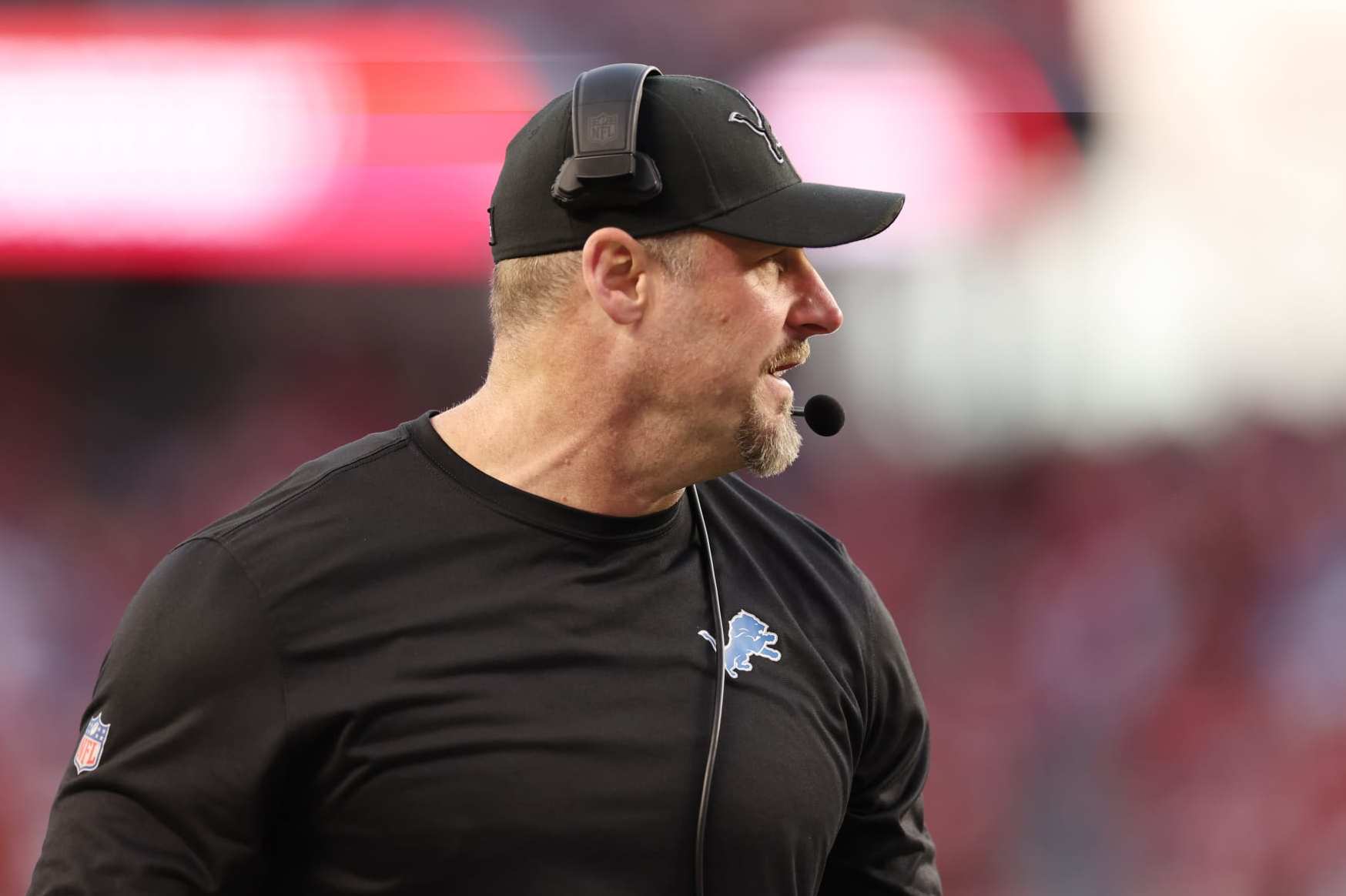 SANTA CLARA, CALIFORNIA - JANUARY 28: Head coach Dan Campbell of the Detroit Lions reacts during the second quarter against the San Francisco 49ers in the NFC Championship Game at Levi's Stadium on January 28, 2024 in Santa Clara, California. (Photo by Ezra Shaw/Getty Images)