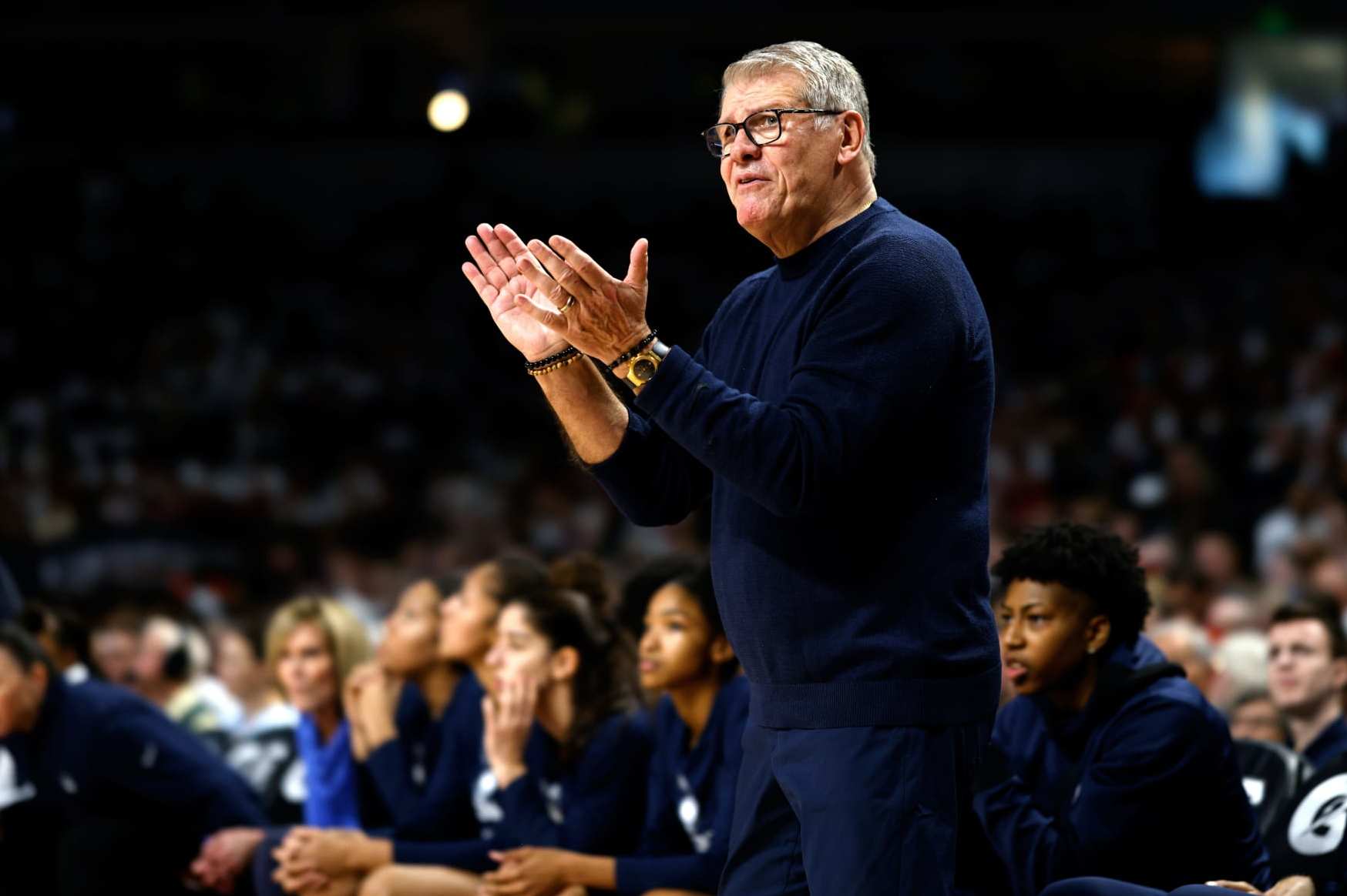 COLUMBIA, SOUTH CAROLINA - FEBRUARY 11: Head coach Geno Auriemma of the UConn Huskies encourages his team during their game against the South Carolina Gamecocks at Colonial Life Arena on February 11, 2024 in Columbia, South Carolina. SC won 83-65. (Photo by Lance King/Getty Images)