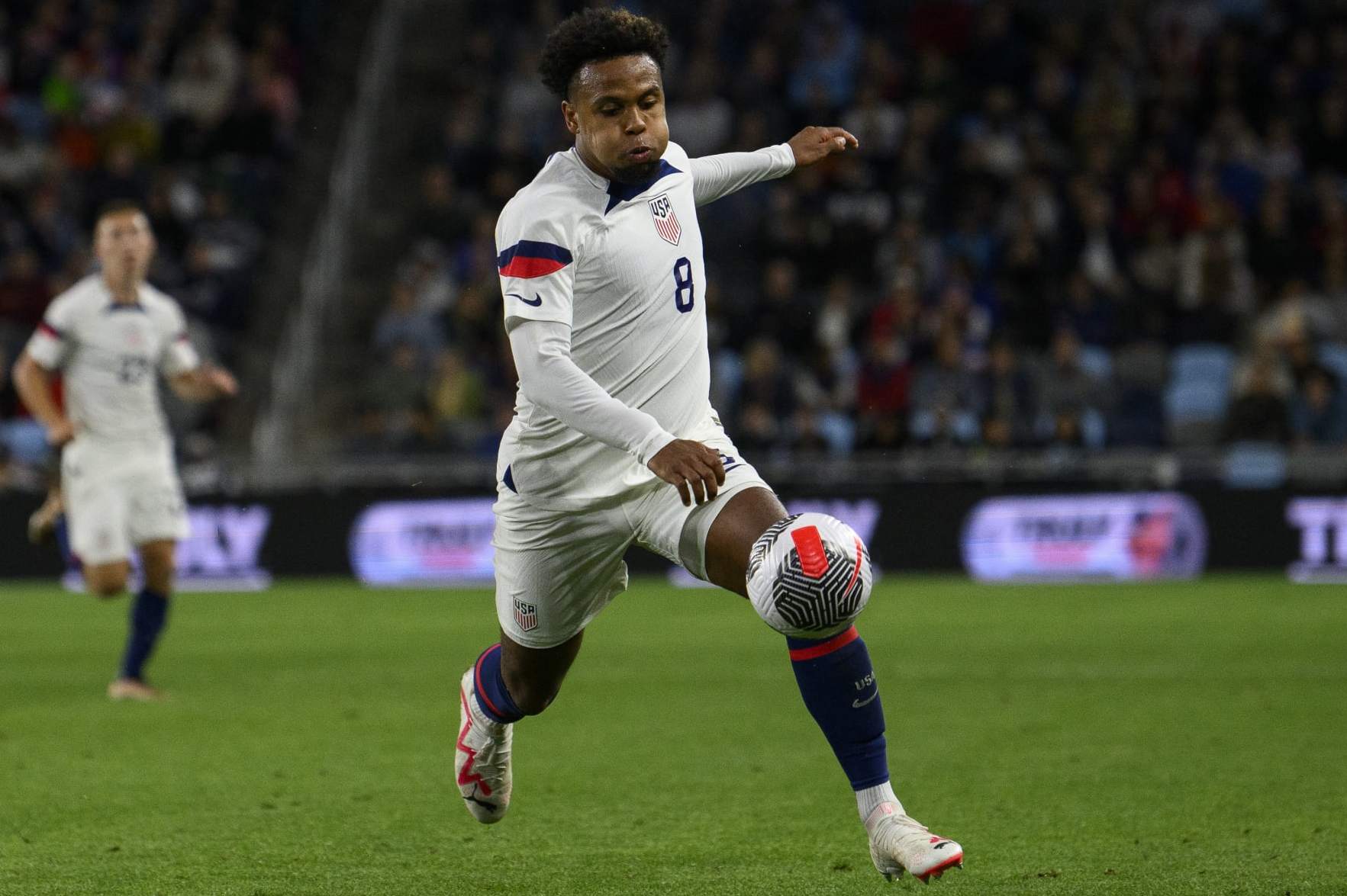 ST PAUL, MINNESOTA - SEPTEMBER 12: Weston McKennie #8 of the U.S. runs for the ball in the second half of the match against Oman at Allianz Field on September 12, 2023 in St Paul, Minnesota. (Photo by Stephen Maturen/USSF/Getty Images for USSF)