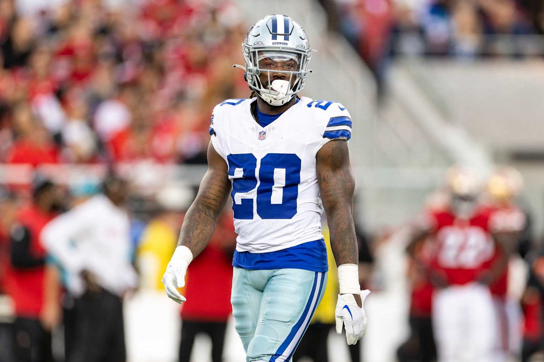 SANTA CLARA, CALIFORNIA - OCTOBER 27: Dalvin Cook #20 of the Dallas Cowboys looks on during an NFL Football game against the San Francisco 49ers at Levi's Stadium on October 27, 2024 in Santa Clara, California. (Photo by Michael Owens/Getty Images)