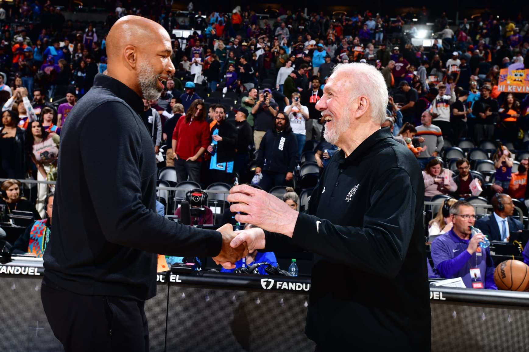 PHOENIX, AZ - APRIL 4: Head Coach Gregg Popovich of the San Antonio Spurs congratulates Head Coach Monty Williams of the Phoenix Suns after the game on April 4, 2023 at Footprint Center in Phoenix, Arizona. NOTE TO USER: User expressly acknowledges and agrees that, by downloading and or using this photograph, user is consenting to the terms and conditions of the Getty Images License Agreement. Mandatory Copyright Notice: Copyright 2023 NBAE (Photo by Barry Gossage/NBAE via Getty Images)