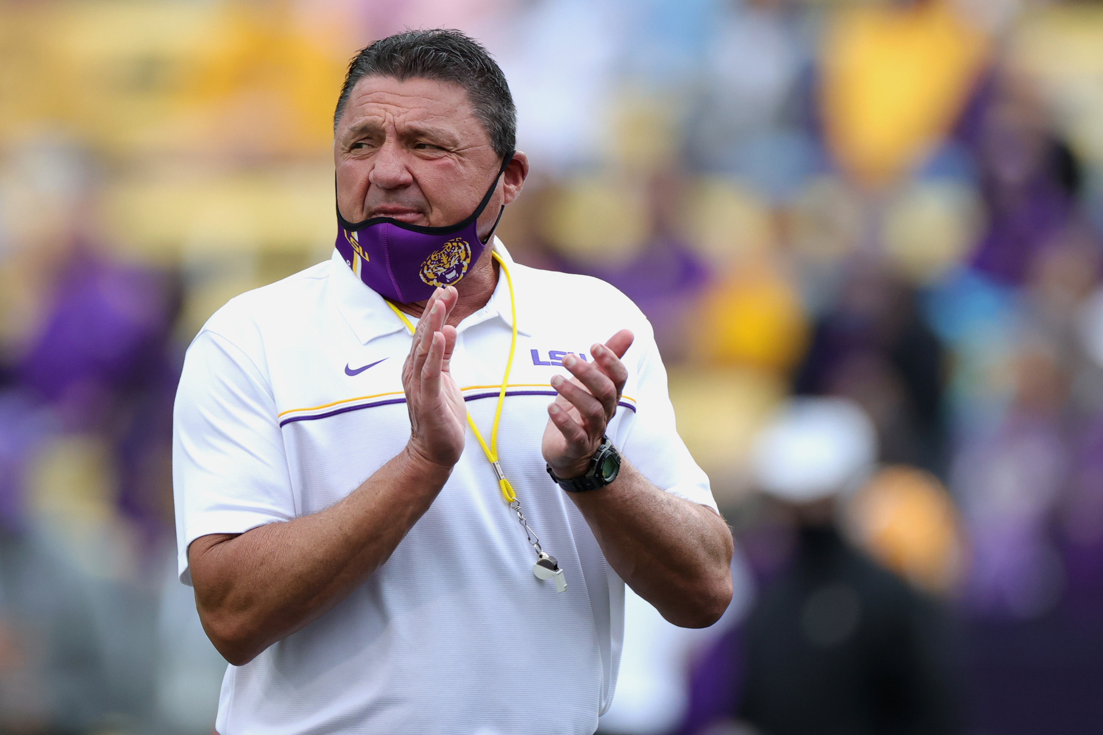 BATON ROUGE, LOUISIANA - APRIL 17: Head coach Ed Orgeron of the LSU Tigers looks on during the spring game at Tiger Stadium on April 17, 2021 in Baton Rouge, Louisiana. (Photo by Carmen Mandato/Getty Images)