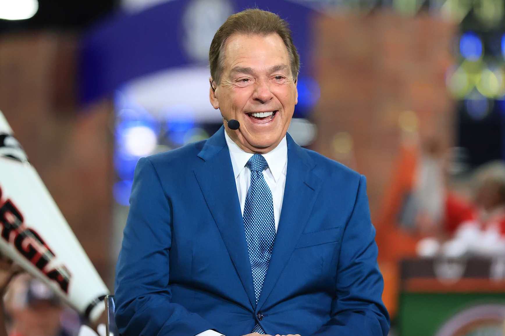 ATLANTA, GA - DECEMBER 07: Former coach and TV commentator Nick Saban before the SEC championship football game between the Georgia Bulldogs and the Texas Longhorns on December 7, 2024 at the Mercedes-Benz Stadium in Atlanta, Georgia.  (Photo by David J. Griffin/Icon Sportswire via Getty Images)