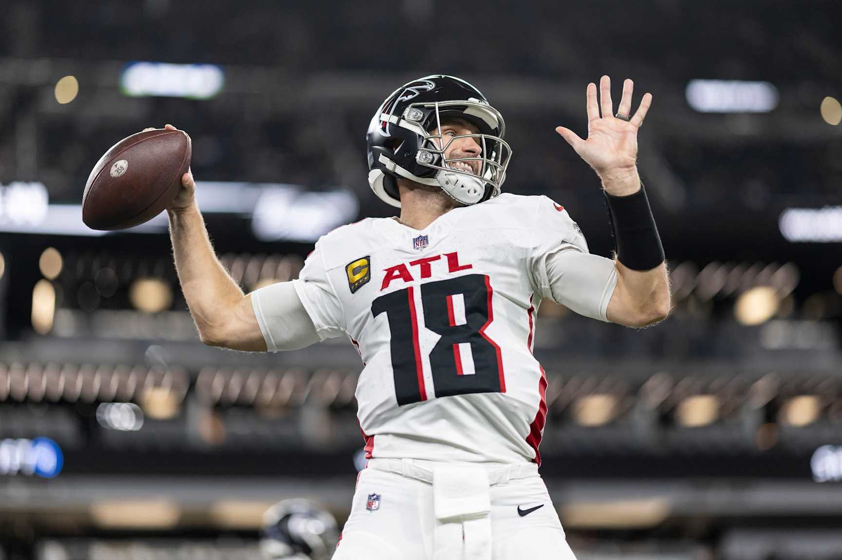 LAS VEGAS, NEVADA - DECEMBER 16: Kirk Cousins #18 of the Atlanta Falcons looks to pass during an NFL Football game against the Las Vegas Raiders at Allegiant Stadium on December 16, 2024 in Las Vegas, Nevada. (Photo by Michael Owens/Getty Images)