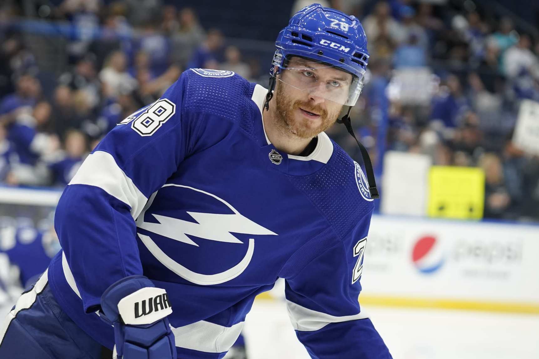Tampa Bay Lightning defenseman Ian Cole (28) before an NHL preseason hockey game against the Florida Panthers Saturday, Oct. 8, 2022, in Tampa, Fla. (AP Photo/Chris O'Meara)