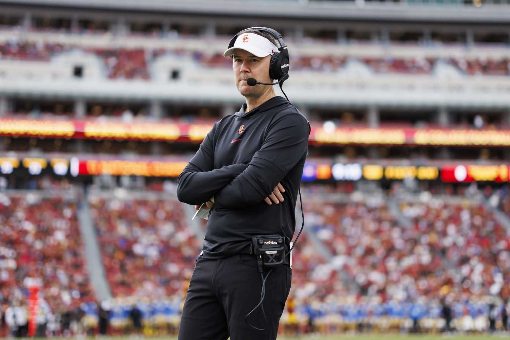LOS ANGELES, CALIFORNIA - NOVEMBER 18: Head coach Lincoln Riley of the USC Trojans during the first half of a game against the UCLA Bruins at United Airlines Field at the Los Angeles Memorial Coliseum on November 18, 2023 in Los Angeles, California. (Photo by Ryan Kang/Getty Images)