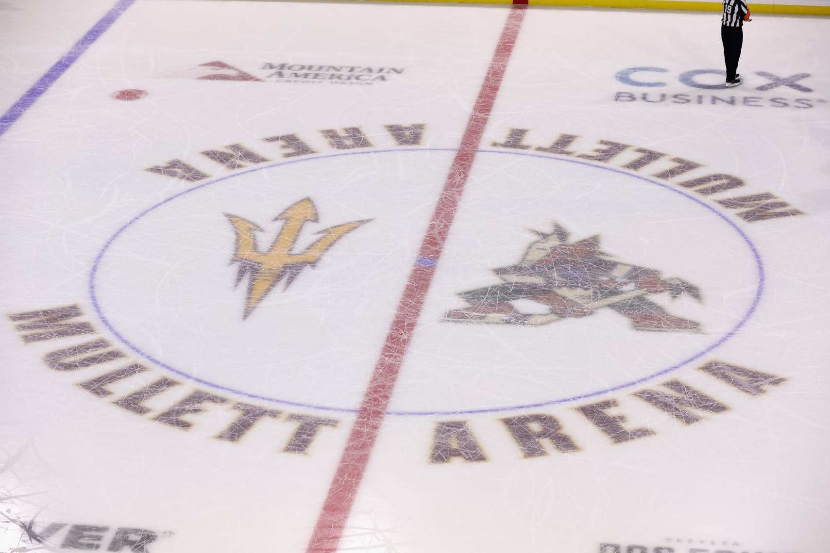 TEMPE, ARIZONA - OCTOBER 30: Detail of the center-ice logo at Mullett Arena on October 30, 2022 in Tempe, Arizona. (Photo by Christian Petersen/Getty Images)