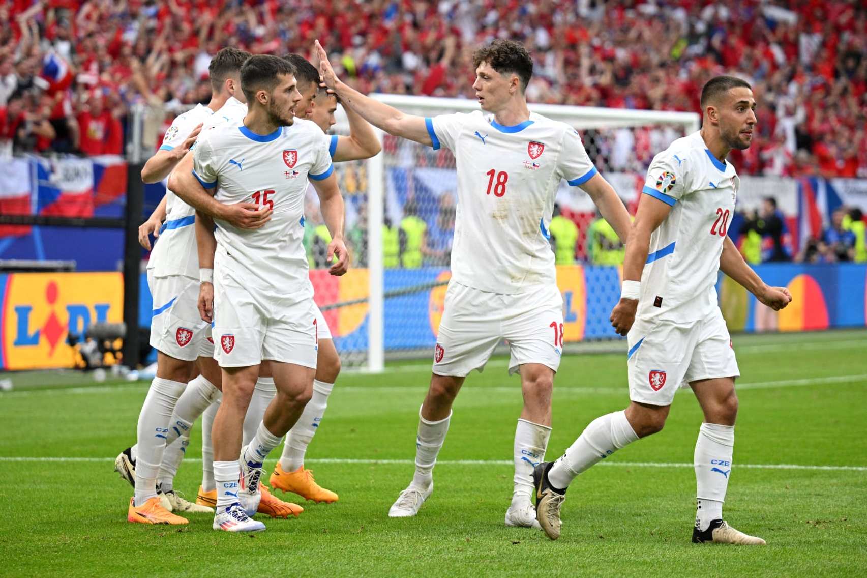 HAMBURG, GERMANY - JUNE 22: Patrik Schick of Czechia celebrates scoring his team's first goal with teammates during the UEFA EURO 2024 group stage match between Georgia and Czechia at Volksparkstadion on June 22, 2024 in Hamburg, Germany. (Photo by Stuart Franklin - UEFA/UEFA via Getty Images)