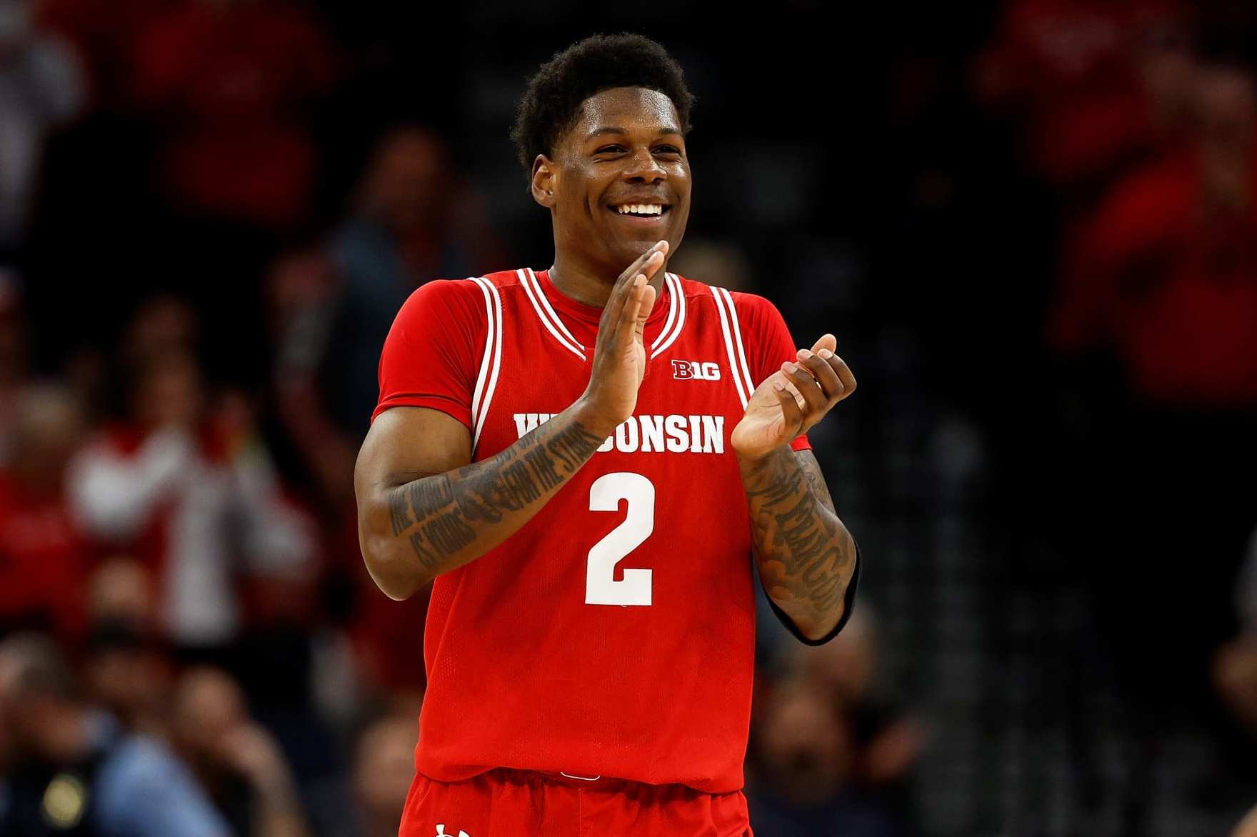 MINNEAPOLIS, MINNESOTA - MARCH 15: AJ Storr #2 of the Wisconsin Badgers celebrates against the Northwestern Wildcats in the second half at Target Center in the Quarterfinals of the Big Ten Tournament on March 15, 2024 in Minneapolis, Minnesota. The Badgers defeated the Wildcats 70-61. (Photo by David Berding/Getty Images)