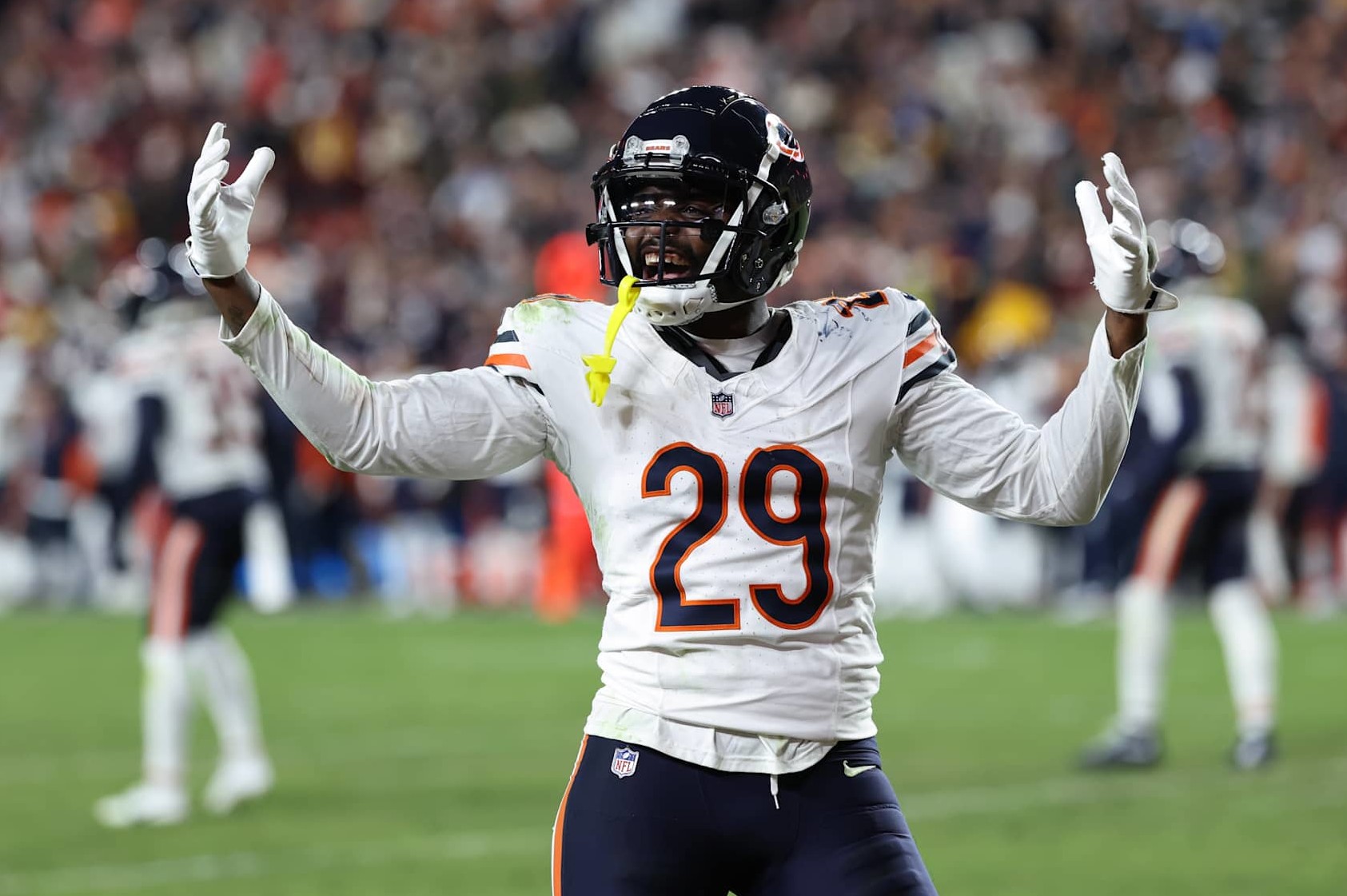LANDOVER, MARYLAND - OCTOBER 27: Tyrique Stevenson #29 of the Chicago Bears reacts during the fourth quarter against the Washington Commanders at Northwest Stadium on October 27, 2024 in Landover, Maryland. (Photo by Scott Taetsch/Getty Images)