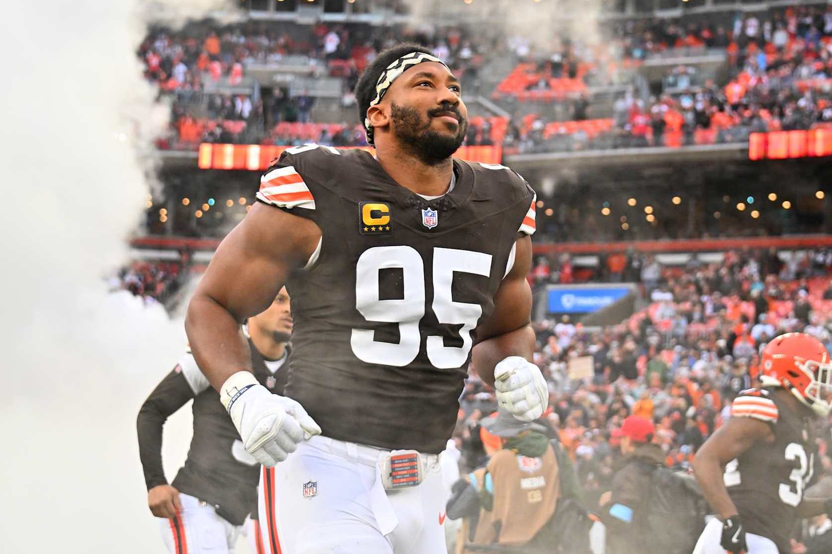 CLEVELAND, OHIO - DECEMBER 29: Myles Garrett #95 of the Cleveland Browns takes the field before playing the game against the Miami Dolphins at Huntington Bank Field on December 29, 2024 in Cleveland, Ohio. (Photo by Jason Miller/Getty Images)