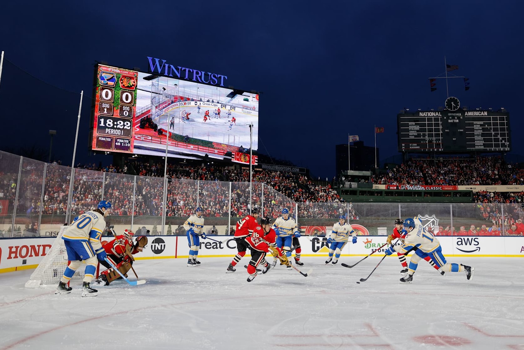 CHICAGO, ILLINOIS - DECEMBER 31: Cam Fowler #17 of the St. Louis Blues scores a goal during the first period against the Chicago Blackhawks during the 2024 NHL Winter Classic at Wrigley Field on December 31, 2024 in Chicago, Illinois. (Photo by Michael Reaves/Getty Images)