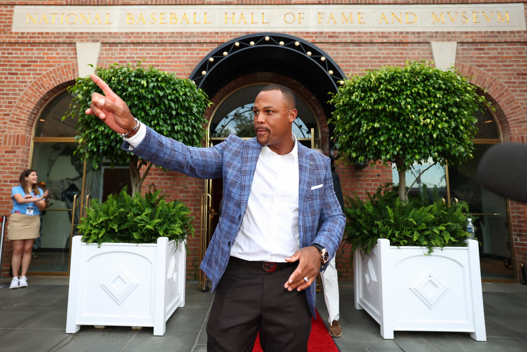 COOPERSTOWN, NY - JULY 20:   Adrián Beltré stands outside of the National Baseball Hall of Fame and Museum during the 2024 Hall of Fame Parade of Legends  on Saturday, July 20, 2024 in Cooperstown, New York. (Photo by Kelly Gavin/MLB Photos via Getty Images)