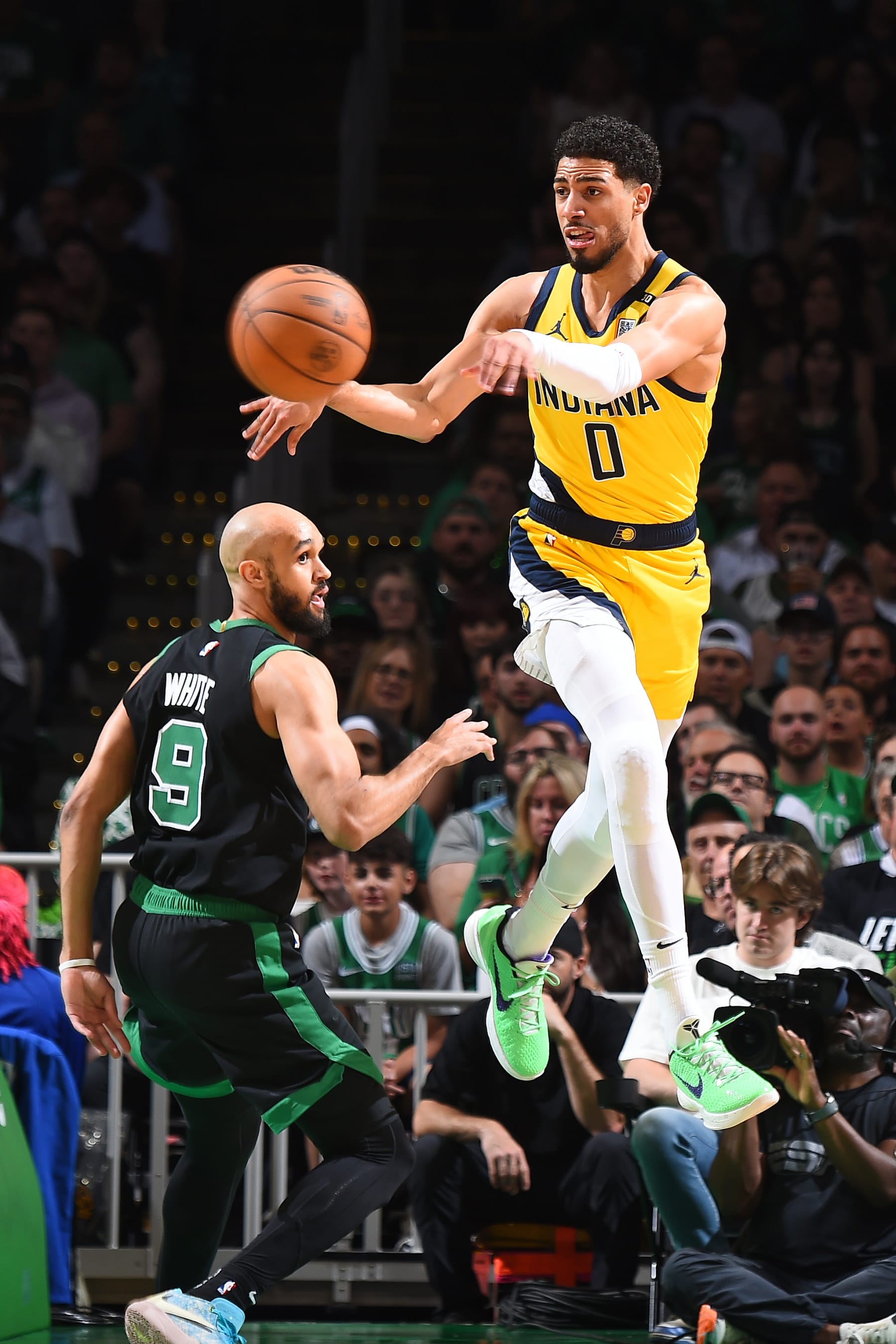 BOSTON, MA - MAY 23: Tyrese Haliburton #0 of the Indiana Pacers passes the ball during the game against the Boston Celtics during Game 2 of the Eastern Conference Finals of the 2024 NBA Playoffs on May 23, 2024 at the TD Garden in Boston, Massachusetts. NOTE TO USER: User expressly acknowledges and agrees that, by downloading and or using this photograph, User is consenting to the terms and conditions of the Getty Images License Agreement. Mandatory Copyright Notice: Copyright 2024 NBAE  (Photo by Brian Babineau/NBAE via Getty Images)
