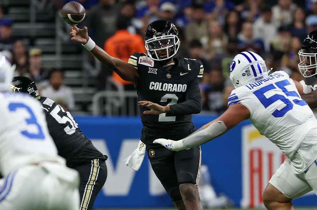 SAN ANTONIO, TX - DECEMBER 28: Colorado Buffaloes quarterback Shedeur Sanders (2) passes the ball during the football game between BYU Cougars and Colorado Buffalos on December 28, 2024, at the Alamodome in San Antonio, Texas. (Photo by David Buono/Icon Sportswire via Getty Images)