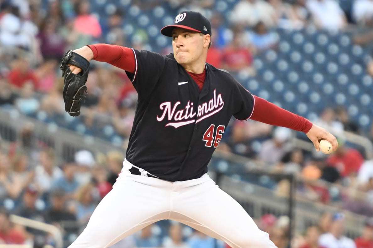 WASHINGTON, DC - JULY 15: Patrick Corbin #46 of the Washington Nationals pitches during a baseball game against the Atlanta Braves at Nationals Park on July 15, 2022 in Washington, DC. (Photo by Mitchell Layton/Getty Images)