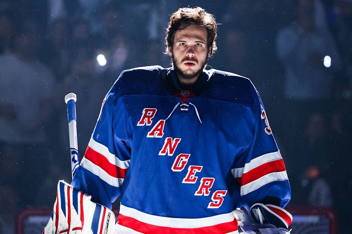 NEW YORK, NEW YORK - MAY 22: Igor Shesterkin #31 of the New York Rangers during the anthem prior to the game against the Florida Panthers in Game One of the Eastern Conference Final of the 2024 Stanley Cup Playoffs at Madison Square Garden on May 22, 2024 in New York City. (Photo by Jared Silber/NHLI via Getty Images)