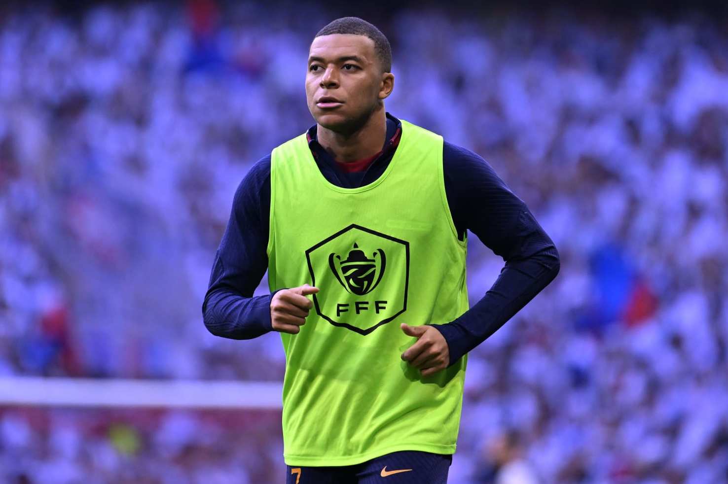LILLE, FRANCE - MAY 25: Kylian Mbappe of Paris Saint-Germain looks on during warmup before the French Cup final match between Paris Saint-Germain and Olympique Lyonnais at Stade Pierre Mauroy on May 25, 2024 in Lille, France. (Photo by Aurelien Meunier - PSG/PSG via Getty Images)