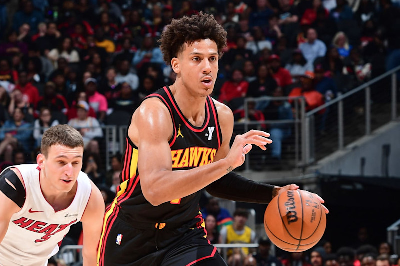 ATLANTA, GA - APRIL 9: Jalen Johnson #1 of the Atlanta Hawks dribbles the ball during the game against the Miami Heat on April 9, 2024 at State Farm Arena in Atlanta, Georgia.  NOTE TO USER: User expressly acknowledges and agrees that, by downloading and/or using this Photograph, user is consenting to the terms and conditions of the Getty Images License Agreement. Mandatory Copyright Notice: Copyright 2024 NBAE (Photo by Scott Cunningham/NBAE via Getty Images)