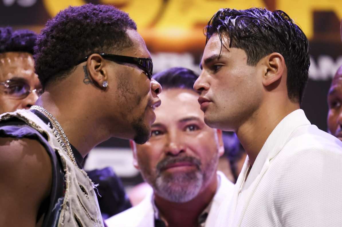 LOS ANGELES, CALIFORNIA - FEBRUARY 29: Devin Haney and Ryan Garcia face off during the Ryan Garcia v Devin Haney press tour at Avalon Hollywood & Bardot on February 29, 2024 in Los Angeles, California. (Photo by Cris Esqueda/Golden Boy/Getty Images)
