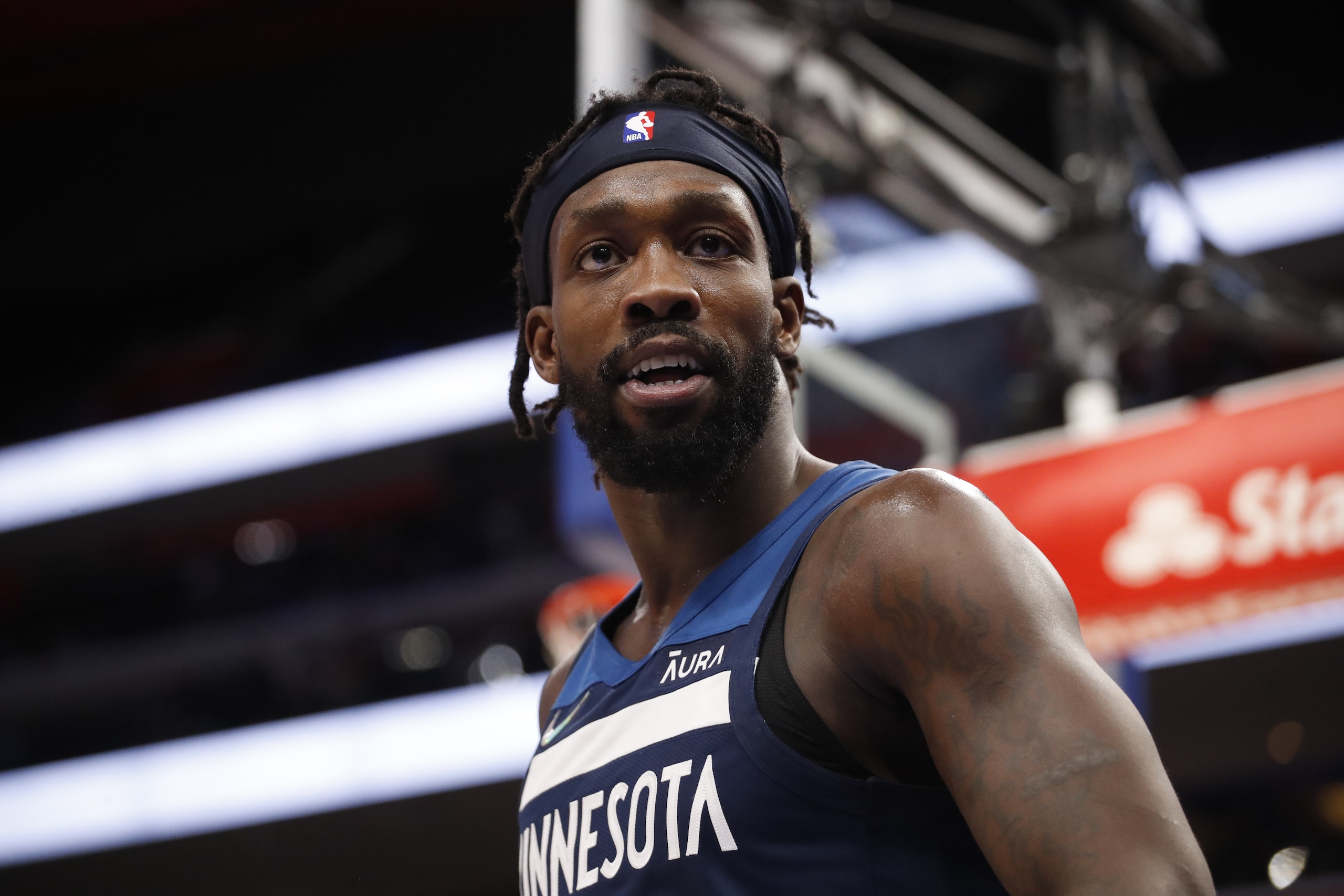 DETROIT, MI - FEBRUARY  3: Patrick Beverley #22 of the Minnesota Timberwolves looks on during the game against the Detroit Pistons on February 3, 2022 at Little Caesars Arena in Detroit, Michigan. NOTE TO USER: User expressly acknowledges and agrees that, by downloading and/or using this photograph, User is consenting to the terms and conditions of the Getty Images License Agreement. Mandatory Copyright Notice: Copyright 2022 NBAE (Photo by Brian Sevald/NBAE via Getty Images)
