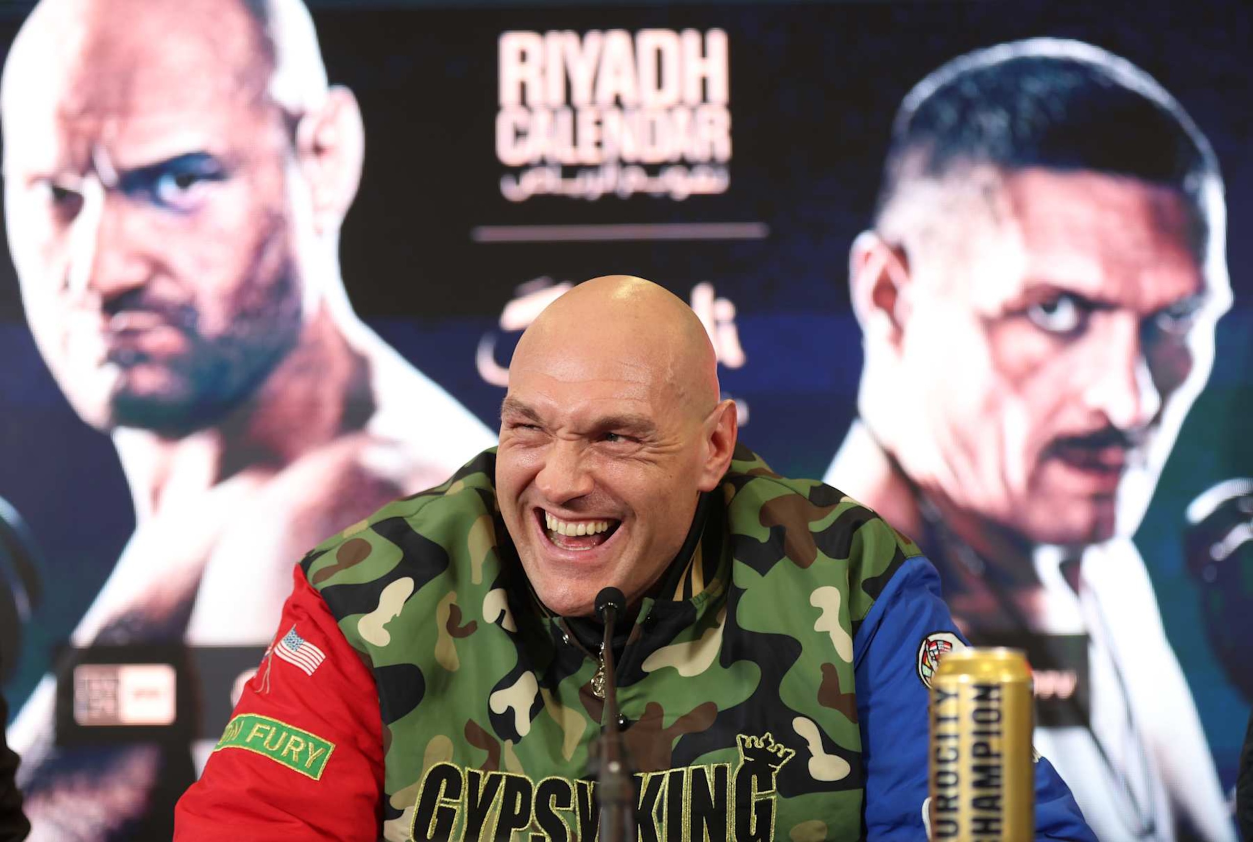 MORECAMBE, ENGLAND - APRIL 10:  Tyson Fury speaks during  during a press conference ahead of the IBF, IBO, WBA, WBO and WBC Undisputed World Heavyweight title fight against Oleksandr Usyk on the 'Ring of Fire' card  at Mazuma Stadium on April 10, 2024 in Morecambe, England.  (Photo by Nathan Stirk/Getty Images)