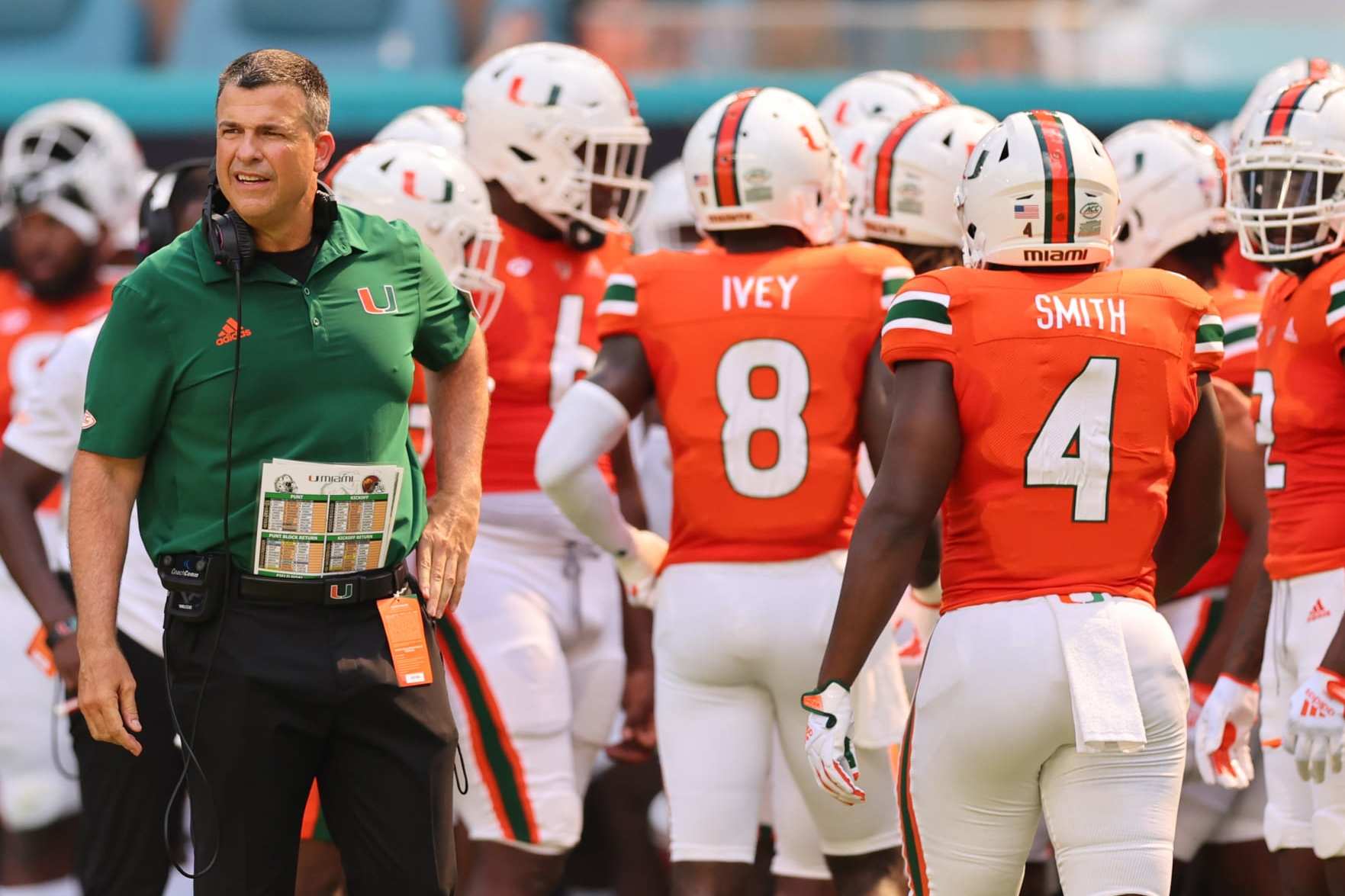 MIAMI GARDENS, FLORIDA - SEPTEMBER 03: Head coach Mario Cristobal of the Miami Hurricanes reacts against the Bethune Cookman Wildcats during the first half at Hard Rock Stadium on September 03, 2022 in Miami Gardens, Florida. (Photo by Michael Reaves/Getty Images)